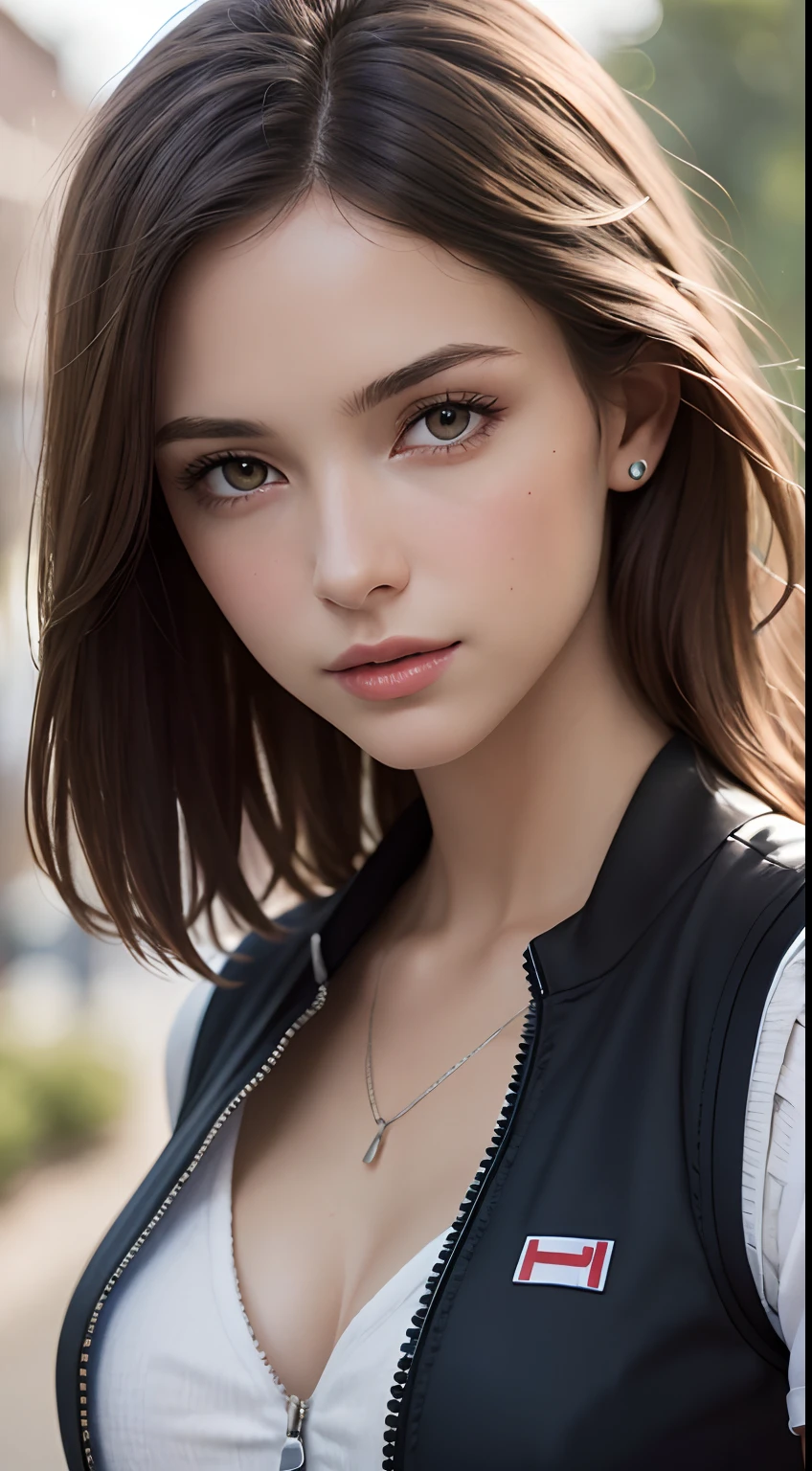 (Masterpiece, Best quality, Photorealistic, A high resolution, Photography, :1.3), Very close-up shot, Sharp focus, 1 brunette girl, European girl, Popular models, Highly detailed eyes and pupils, Realistic skin, slim body shape, cleavage, Extremely detailed hair, Delicate sexy face, Inductive gas, shiny lip, ((Wear a zippered vest)), En plein air, ((Realistic, Super realistic, Realism, realistic detail))