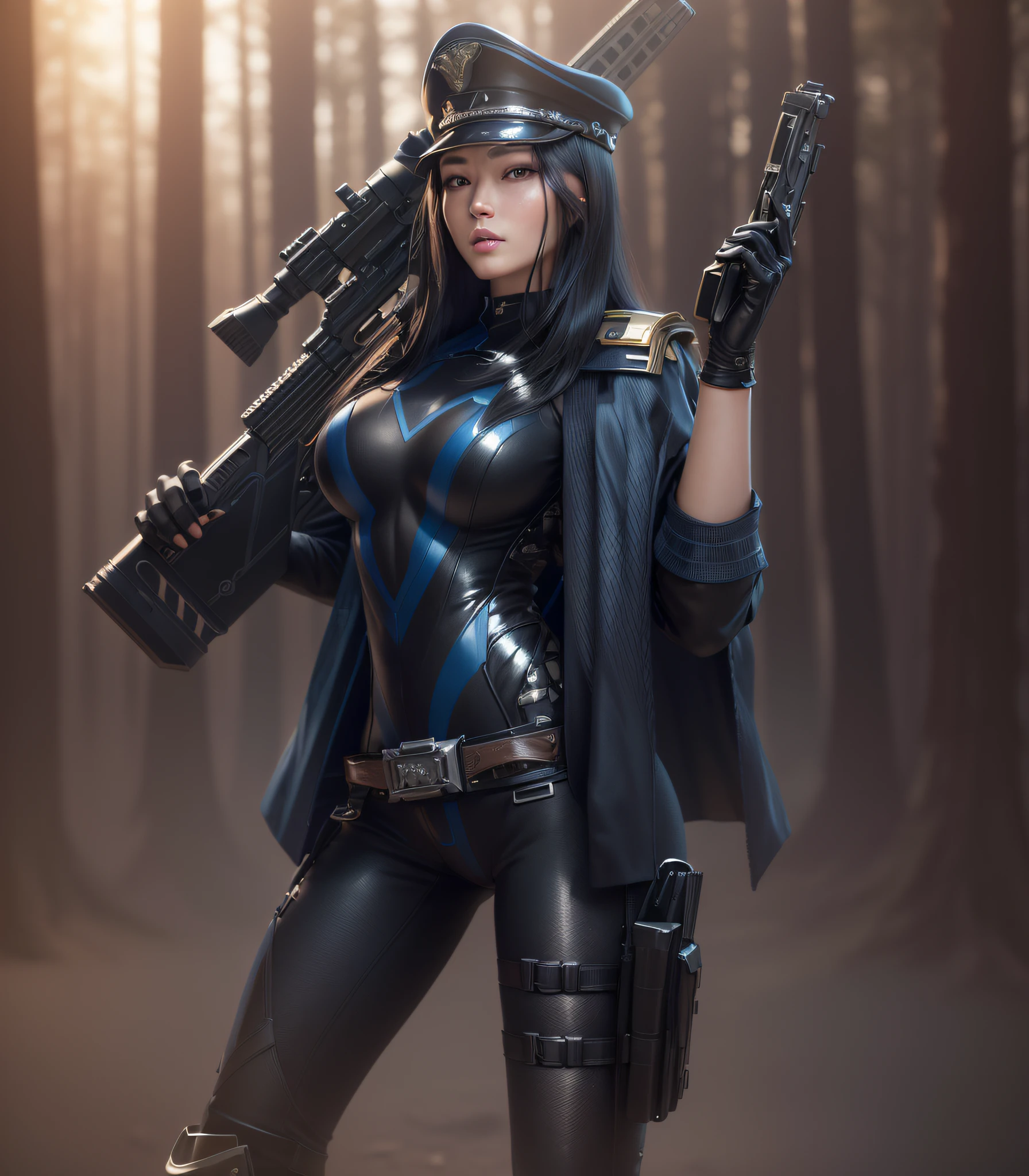 Photo-realistic, Arafed tall woman in a bikini posing on a black base, long blonde hair, long black boots, bikini with space suit element design, full pose, sexy pose, gorgeous style, full body close-up shot, on the right thigh gun holster, holding gun in right hand, inside a spaceship, a woman in a bikini sitting on a surface with a gun, front view, inspired by Masamune Shirow, knights of zodiac girl, pinup. lord of daggers, inspired by Clyde Caldwell, lodoss, portrait knights of zodiac girl, gorgeous, inspired by Barclay Shaw, dorian cleavenger