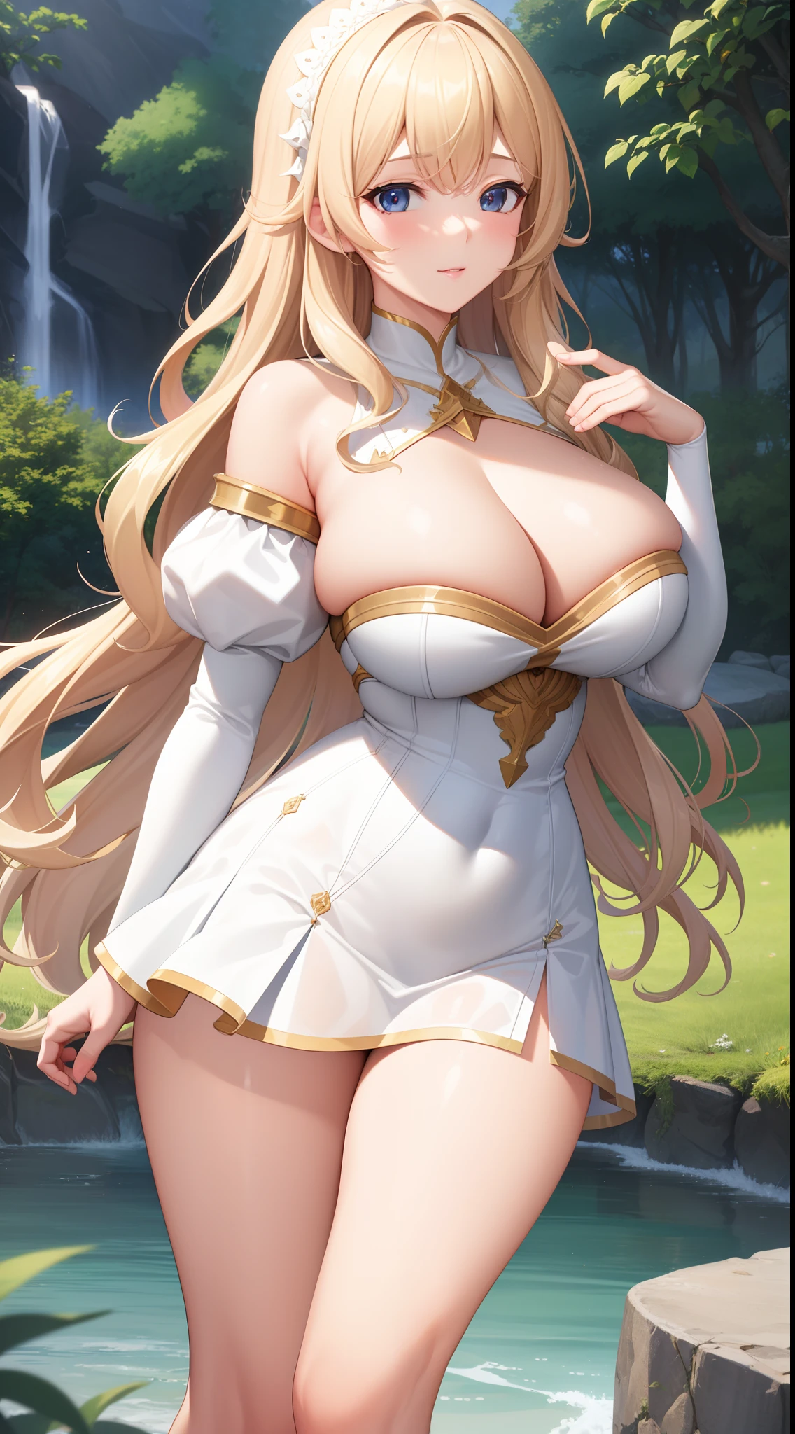 (best quality:1.5, highres, UHD, 4K, detailed lighting, shaders), blonde wavy hair, large breasts, white princess dress, cleavage, thighs, standing, (pov), nature background
