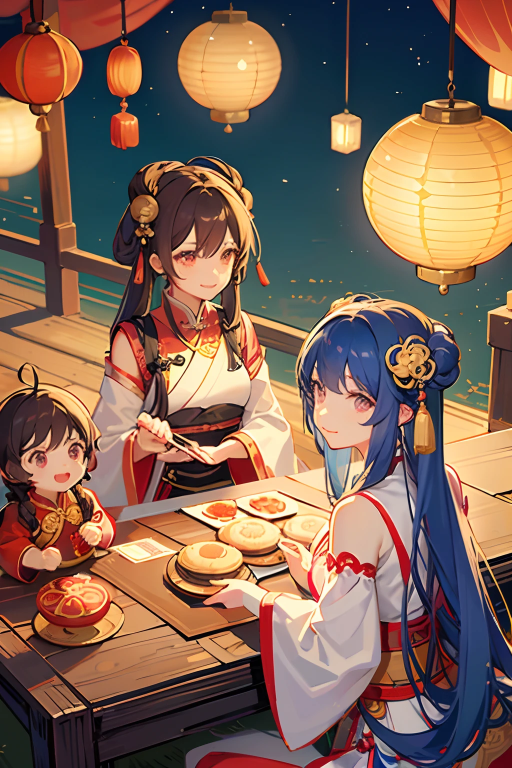 mid-autumn festival，Family of three，Chinese hair accessories，Gorgeous Hanfu，holding a lantern，The table is full of mooncakes