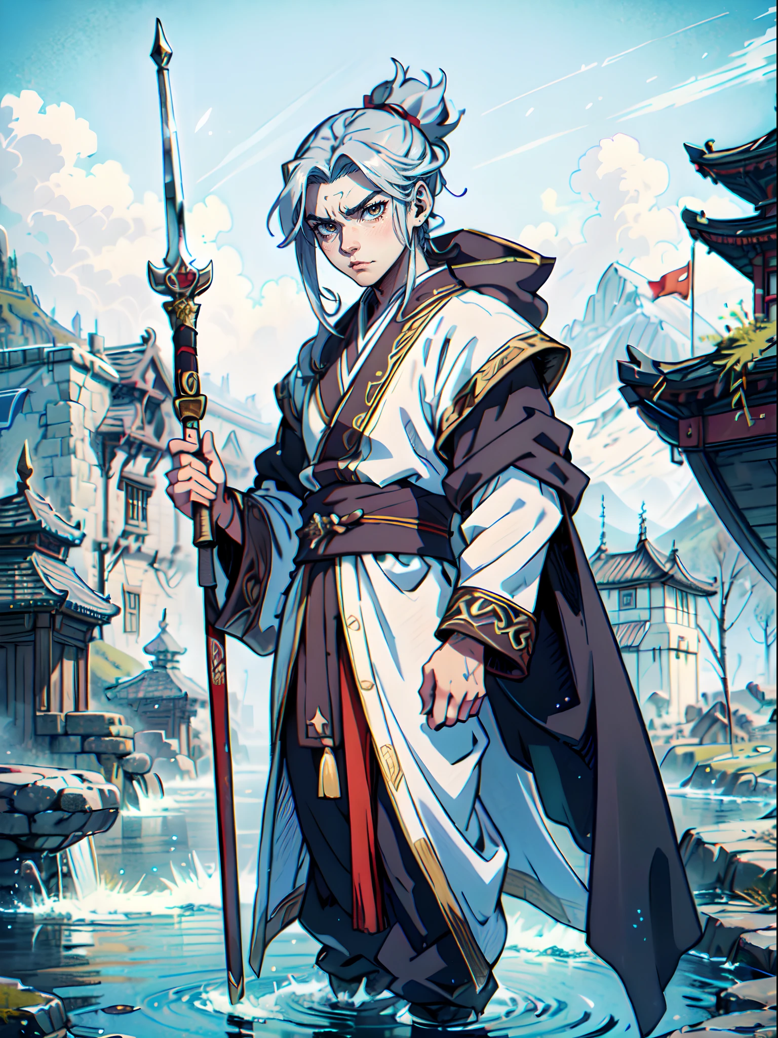 Ultra High Definition, Ultra High Quality, Extremely Detailed, Perfectly Detailed, Masterpiece, 8k, 1 Boy, Look A Like Xin From Kingdom Anime, Handsome, Equipped With Chinese Emperor Silk Clothes, Chrome White Eyes, Long Silver Hair Tied, Holding A Perfectly Detailed Excalibur, Full Body Shot, Masculine, Ancient Terrains Background