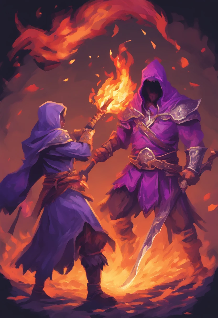 Pixelated image of a mage in purple clothing and gray hood wearing a burning staff and a warrior in purple clothing and gray hood holding a golden axe fighting a warrior orc