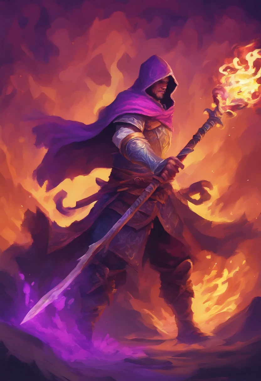 Pixelated image of a mage in purple clothing and gray hood wearing a burning staff and a warrior in purple clothing and gray hood holding a golden axe fighting a warrior orc