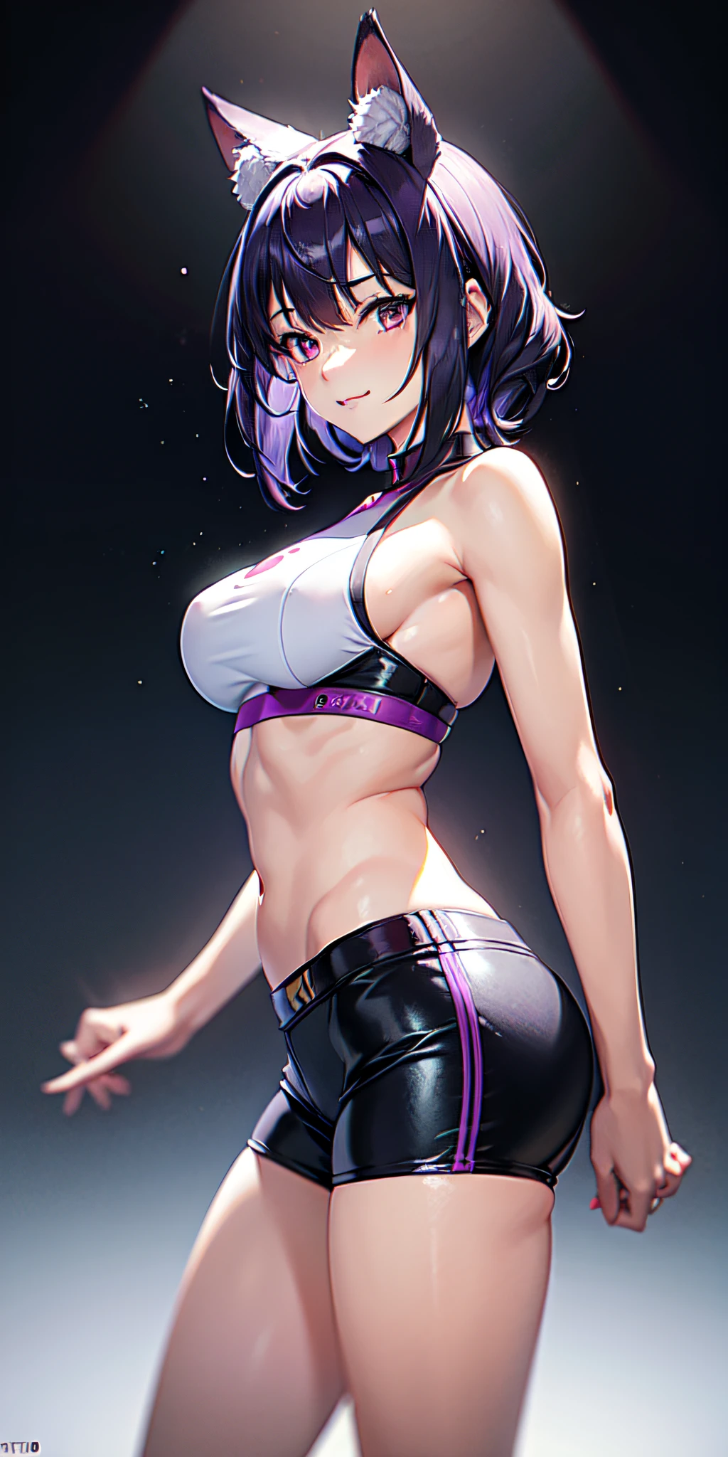old girl, Pelo largo y blanco, purple eyes, Orejas de gato, Superhero uniform, shorts, sin mangas, vientre abierto, Sideboob interno, sonrisa afectada, slim build, cuerpo perfecto, senos grandes, Obra maestra, alta calidad, Ultra detallado, fotorrealista, vivid colors, Studio lighting, Retratos, foco nítido, physically based representation, Bokeh, purple color palette, Soft lighting