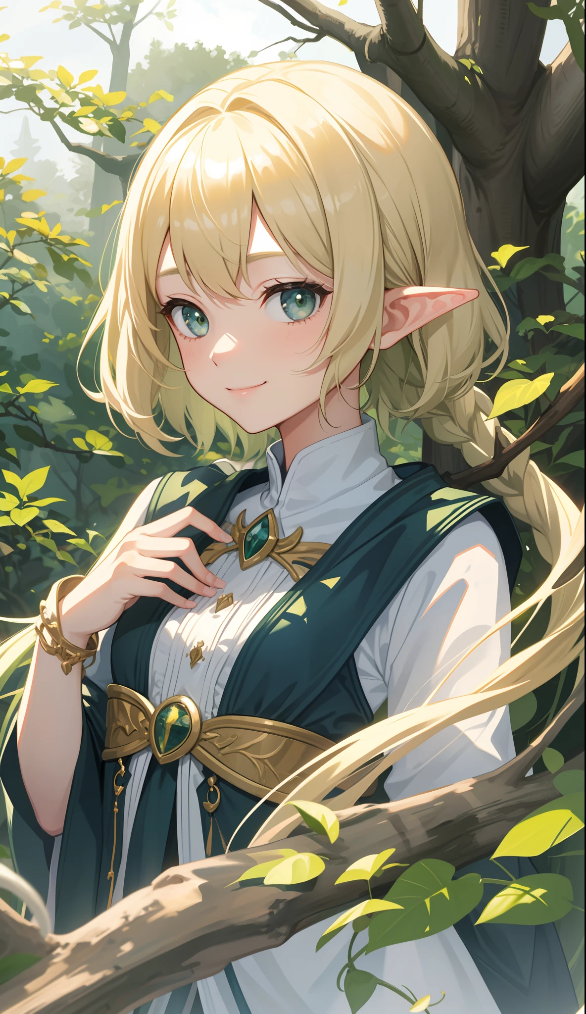 1girl in、AS-Adult、A smile、elvish、Forester、(small tits)Upper body portrait、