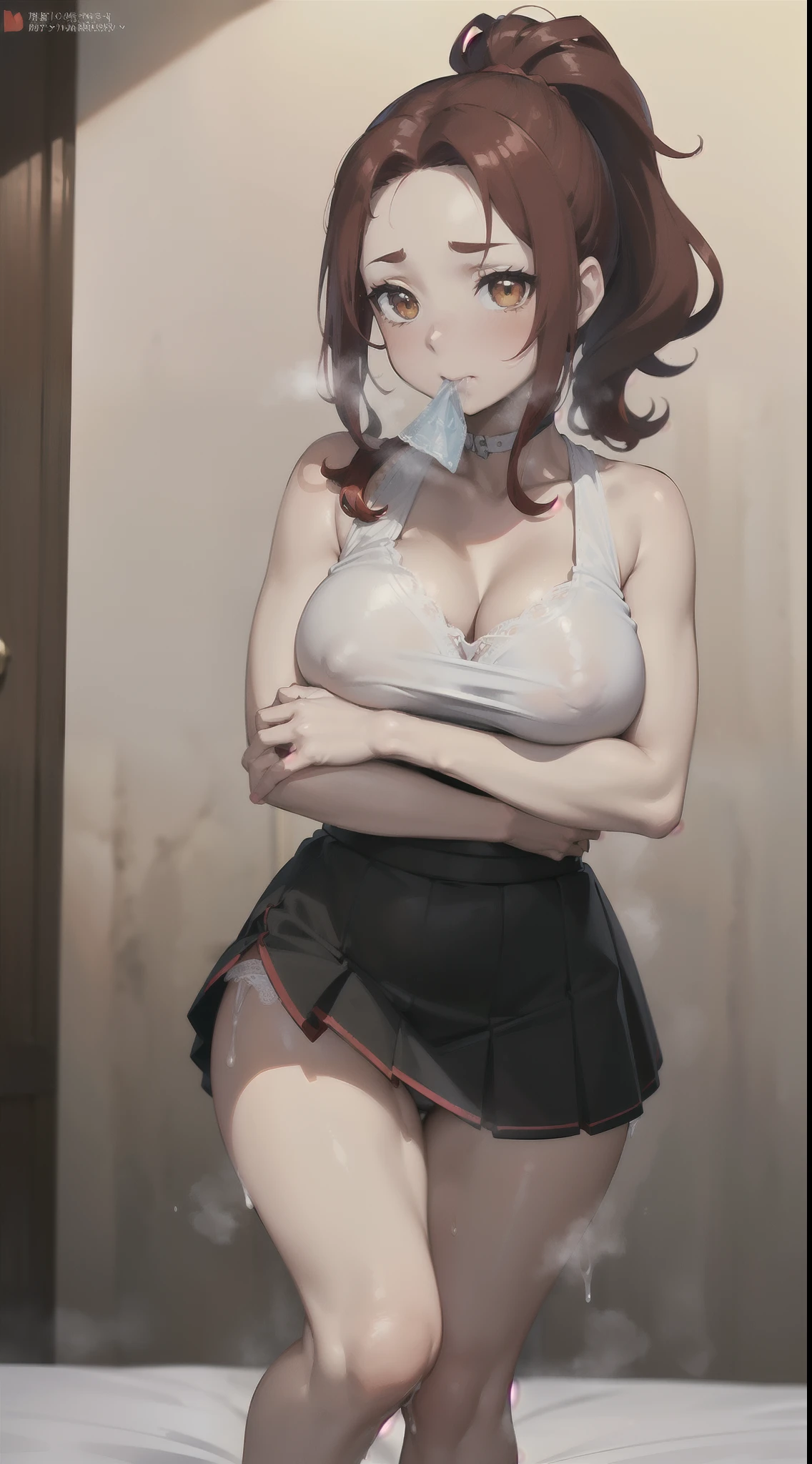((1 beautiful girl and 1 man)),(masterpiece)), ((top-quality)),((Vivid light and shadow depiction)), (The ultra-detailliert), ((kawaii)), cute little, (Detailed body line depiction), ((detailed face depiction)),((ighly detailed)), (8K), top-quality, (Beautiful fece),(((World-class quality))), ighly detailed, hight resolution,(((独奏))),(((thick eyebrow))),(((Red ponytail))),((((Red medium hair)))).(((Wavy Hair))),((((shinny hair)))),(((White and beautiful skin))),(((normal breast))),(((Hanging eyes))), (((Beautiful yellow eyes))).(((Parted bangs))),(((Show your forehead))),(((put out one's forehead))),(((Bold poses))),(((deadpan))),(((red blush))),(((Show breasts))),(((Composition seen from the front))),(((Detailed panty depiction))),(((Bite of panties))),(((In a dark room))),(((On the red bed))),(((beautiful waistline))),(((beautiful foot))),((Beautiful body style)),(((steam))),(((小柄))),(((Short stature))),(((White liquid dripping onto the feet))),(((Open your crotch))),,(((White liquid dripping on the face)))、(((White lace panties))),(((Blue sailor suit))),(((Show panties))),(((Putting a condom in your mouth))),(((Twisting the skirt))),((((Hugged from behind by a man with short black hair)))