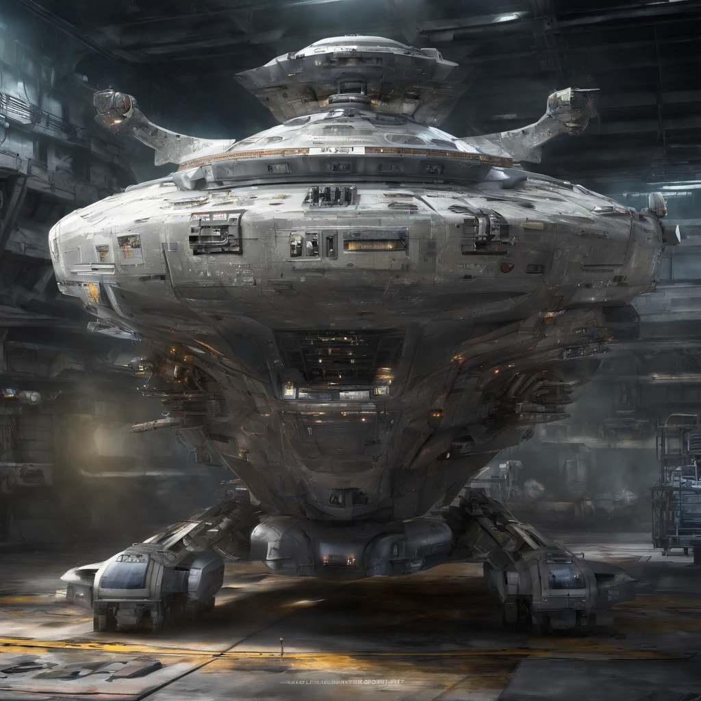 Combat spacecraft, 50 metros de comprometo, Futuristic Flat Armor Background Warship in Futuristic Shape Flying Space