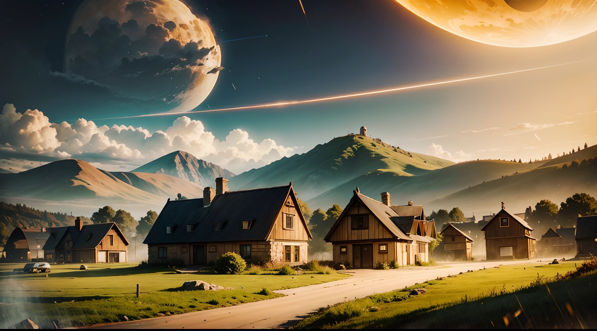 SETTING, PLANET SATURN, VARIOUS HOUSES AND BUILDINGS, REALISTIC, PHOTOGRAPHIC, OPEN FIELD, YELLOW COLOR SKY, RAIN OF STONES, STONE BELT IN THE SKY