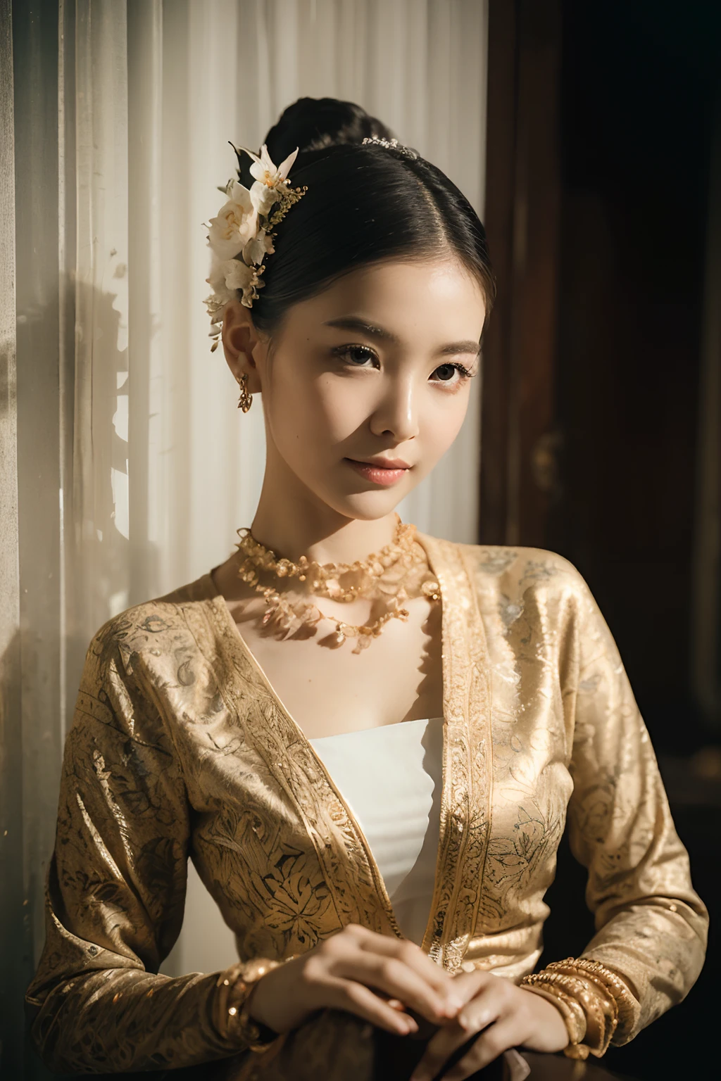 (best quality,4k,8k,highres,masterpiece:1.2),ultra-detailed,(realistic,photorealistic,photo-realistic:1.37),portrait,stunning Burmese patterned traditional dress lady,beautifully adorned,eye-catching brocade patterns,rich and vibrant colors,detailed embroidery work,exquisite textures,meticulously handcrafted dress,vividly captures the essence of Burmese culture,traditional floral motifs,graceful silhouette,fine folds and pleats,accentuates the lady's elegance,black single bun hair with flower,intricately arranged hairpiece,delicate and feminine,adds a touch of sophistication,soft yet confident expression,deep and captivating eyes,lustrous lips with a hint of a smile,flawless complexion,golden accessories,polished and refined,mesmerizing presence,subtle lighting,dramatic shadows,showcases the lady's grace and beauty,immersive visual experience,sexy,nude,naked,sexual attractive face action