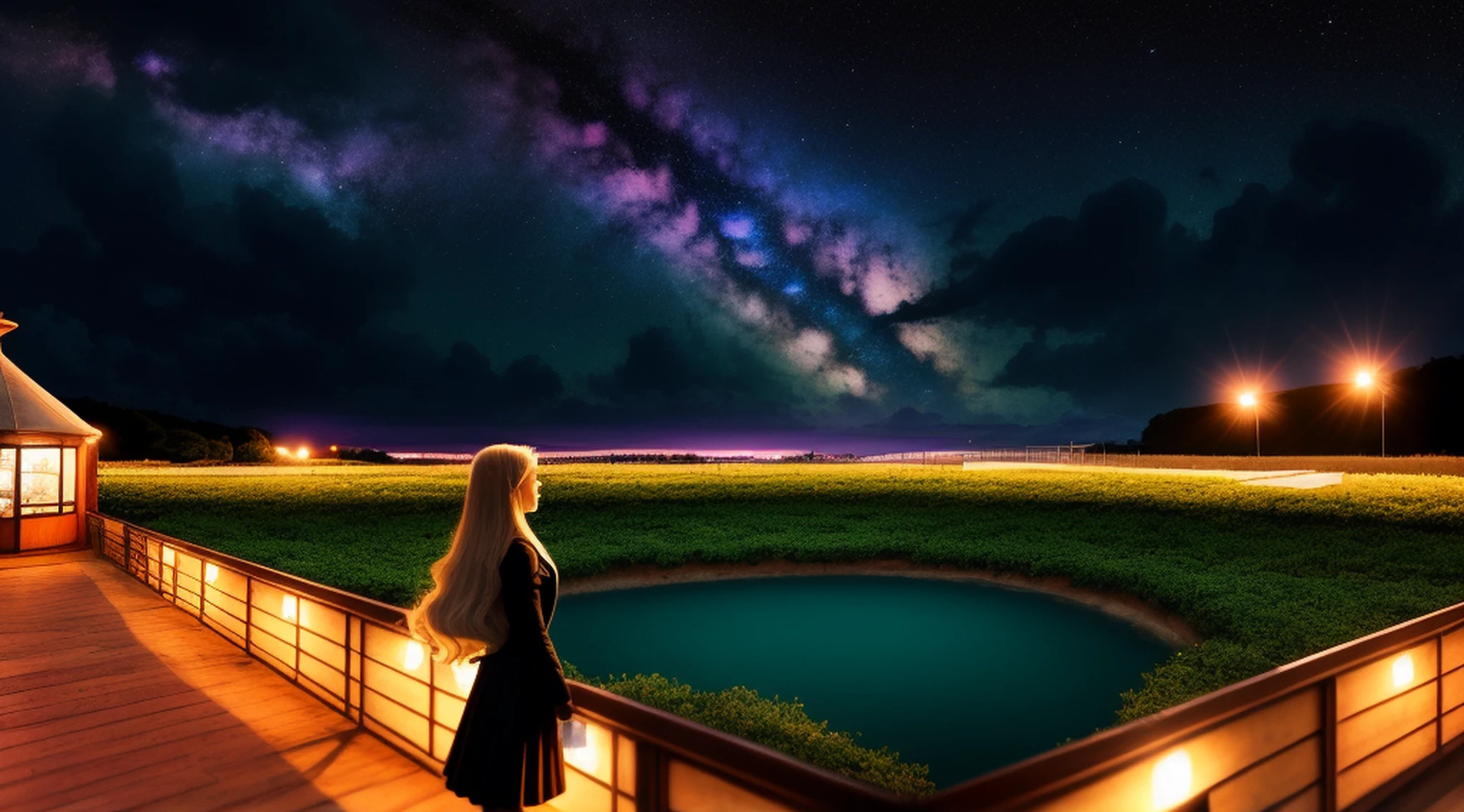 menina bonita, mago poderoso empunhando cajado magico, Paisagem clara, Paradise Field, vasto, night sky