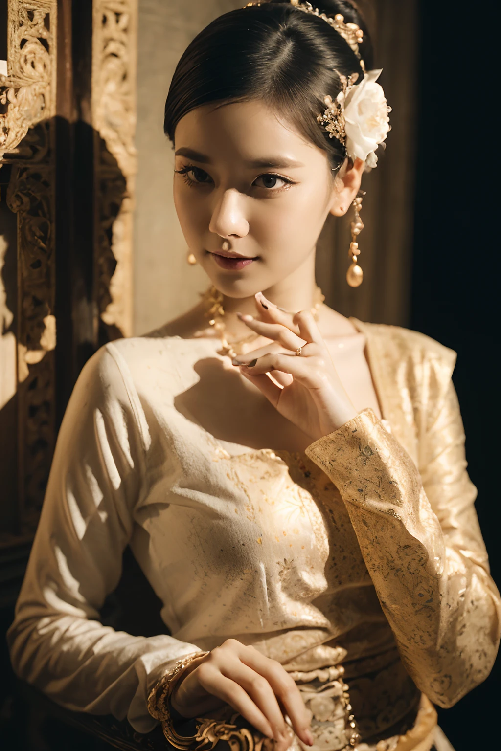 (best quality,4k,8k,highres,masterpiece:1.2),ultra-detailed,(realistic,photorealistic,photo-realistic:1.37),portrait,stunning Burmese patterned traditional dress lady,beautifully adorned,eye-catching brocade patterns,rich and vibrant colors,detailed embroidery work,exquisite textures,meticulously handcrafted dress,vividly captures the essence of Burmese culture,traditional floral motifs,graceful silhouette,fine folds and pleats,accentuates the lady's elegance,black single bun hair with flower,intricately arranged hairpiece,delicate and feminine,adds a touch of sophistication,soft yet confident expression,deep and captivating eyes,lustrous lips with a hint of a smile,flawless complexion,golden accessories,polished and refined,mesmerizing presence,subtle lighting,dramatic shadows,showcases the lady's grace and beauty,immersive visual experience,sexy,nude,naked,sexual attractive face action