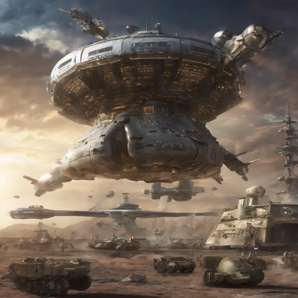 Combat spacecraft, 50 metros de comprometo, Futuristic Flat Armor Background Warship in Futuristic Shape Flying Space