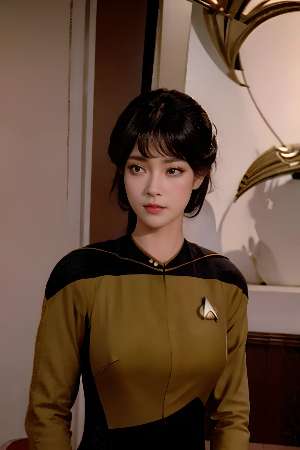 (masterpiece), best quality, expressive eyes, perfect face, Ensign Kim's sister is a beautiful Asian girl, perfect eyes, perfect hands, yellow and black Star Trek Voyager uniform, tight uniform, photo-realistic, Harry Kim's Sister, ensign Harry Kim's sexy Sister,