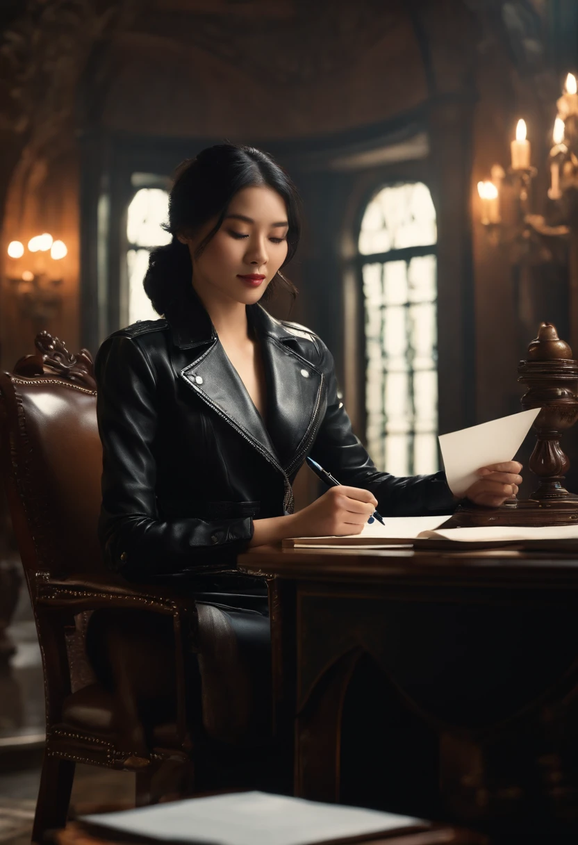 Black leather gloves in both hands, upper body, black leather rider jacket, facing the desk in the study, looking down and smiling, writing a letter using a fountain pen, black hair, long straight, young Japanese woman