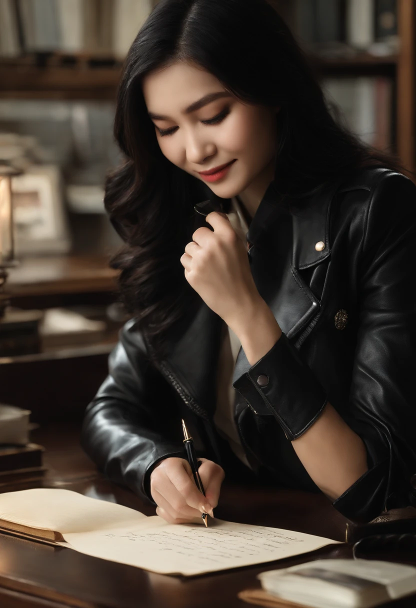 Black leather gloves in both hands, upper body, black leather rider jacket, facing the desk in the study, looking down and smiling, writing a letter using a fountain pen, black hair, long straight, young Japanese woman