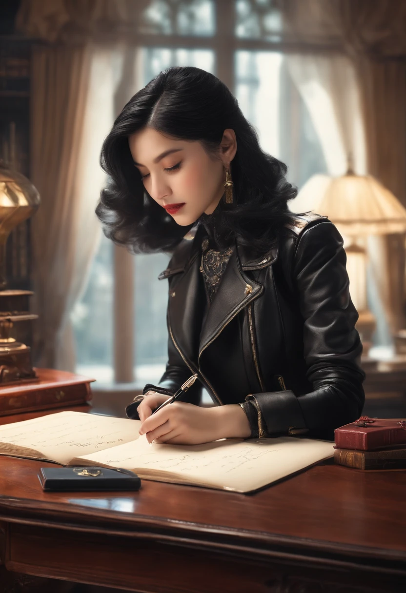 Black leather gloves in both hands, upper body, black leather rider jacket, facing the desk in the study, looking down and smiling, writing a letter using a fountain pen, black hair, long straight, young Japanese woman