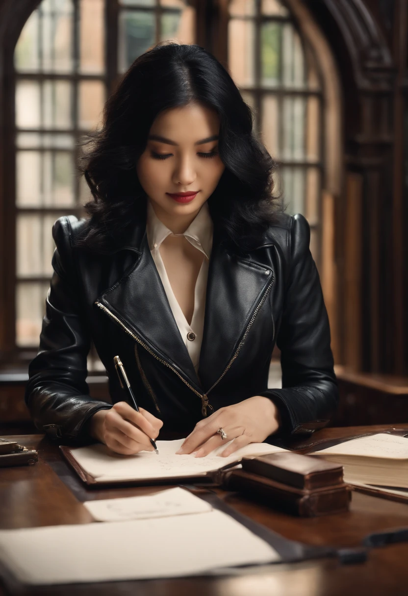 Black leather gloves in both hands, upper body, black leather rider jacket, facing the desk in the study, looking down and smiling, writing a letter using a fountain pen, black hair, long straight, young Japanese woman