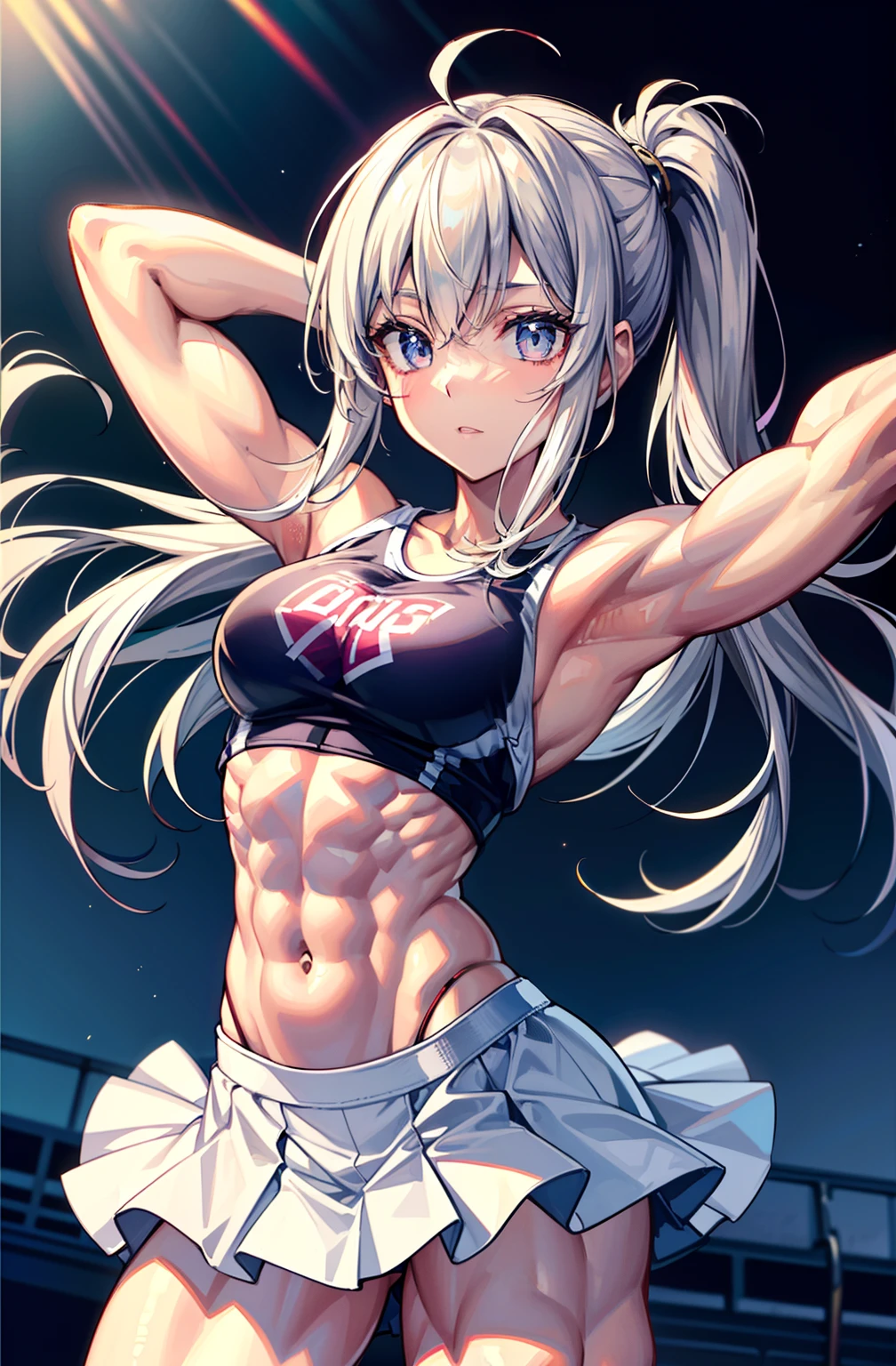 (BEST lighting) , (ultra intricately detailed) , 4K unification, (super-detailed CG: 1.2) , (8K: 1.2),(Original), (Masterpiece) , (Best quality),(Masterpiece:1.4),Anime-ish high quality,(Masterpiece),Masterpiece, Super clear picture quality,Clearer than movies,(Fine face)Best quality, absurderes,((masterpeace, 4K, 8K, Yes, A high resolution))1girll, girls,having fun,cheering party,Short skirt,Ten strong abs,standing on your feet,Exposing the abdomen, Pink costume,There are bulges of dense veins on the arms,Spring, Boots, Perfect figure, Long white hair, Dynamic pose,Legs exposed,Strong leg muscles ((body builder:1.5)),running track(Beautiful bace),(Girl),(Female),(((Upper body:1)))
