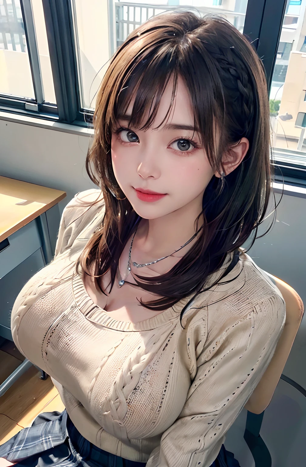 8k,Highest quality, Tabletop, Ultra-detailed, 超High resolution, Realistic, RAW Photos, absurdes, The absolute solution, One Girl, alone,Upper Body Shot, View your viewers,Young and beautiful woman in Japan, Super cute face, (((Attractive person, Extremely large breasts, bigger than her face :1.99))), Long Bob Hair ,smile,(Pleated skirt, Cashmere sweater, Knee-high boots:1.3), Explore new destinations, Cultural Immersion, wanderlust, Breathtaking views, Global Adventure, memorable experiences ,Glossy Lips, Double eyelids on both eyes, Natural Makeup, Long eyelashes, Shiny and smooth light brown long bob hair, Asymmetrical bangs, Glowing Skin, Center image, High resolution, Attention to detail, Detailed hairstyle, Detailed face, Great cinema lighting, Octane Rendering, Vibrant, ultra-realistic, Perfect limbs, Perfect Anatomy