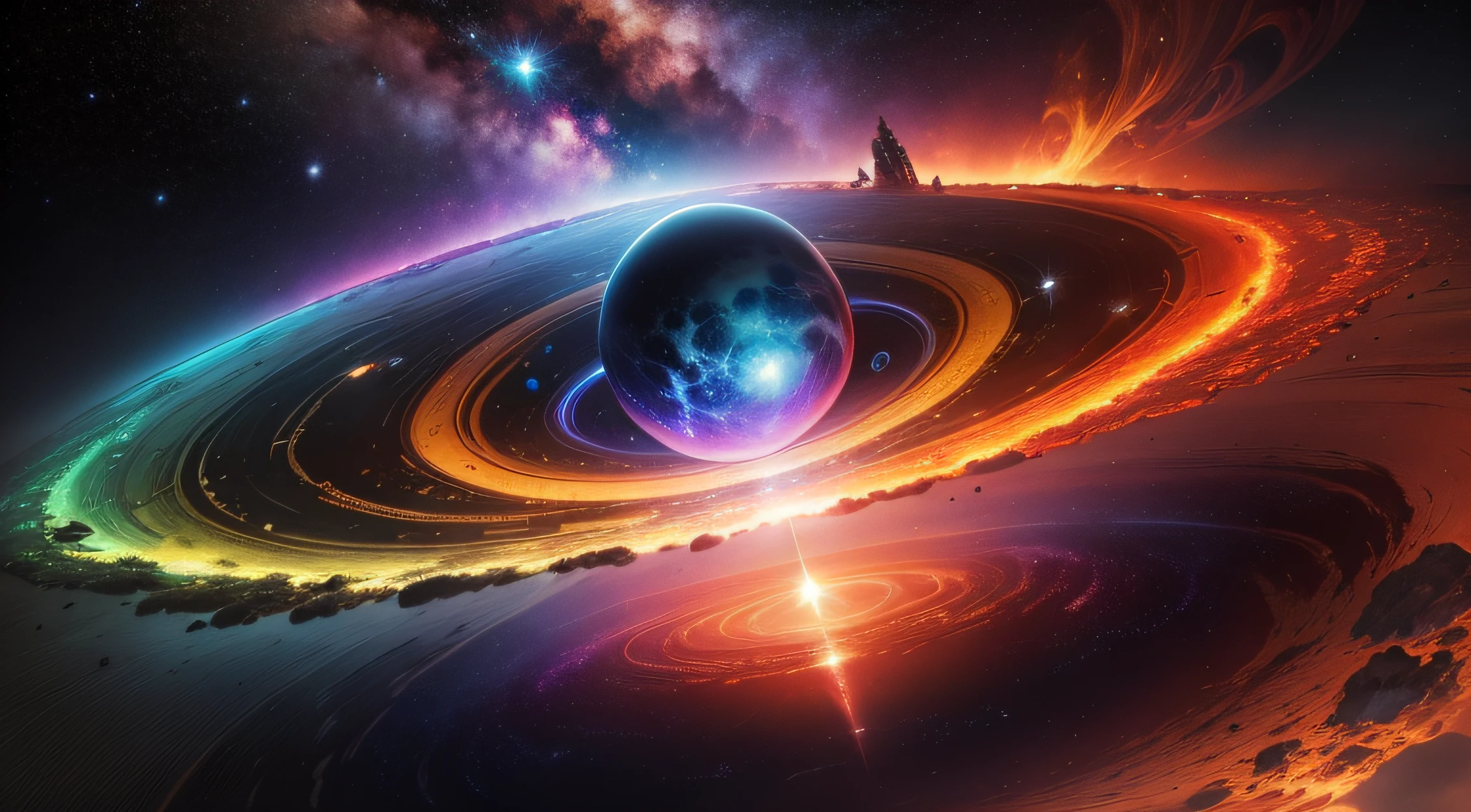 A vibrant and captivating piece，It depicts the creation of the universe. Not centered, The dizzying explosion of colors and light represents the Big Bang, The magical moment when it all began. Ao redor, Formation of spiral galaxies, estrelas brilhando brilhantes，The planets are arranged in perfect harmony. As imagens transmitem a grandeza e a escala do universo, At the same time it invites the audience to dive into a universe of mystery and discovery. Get ready for an epic journey back in time! Clique aqui，Embark on this cosmic adventure!]