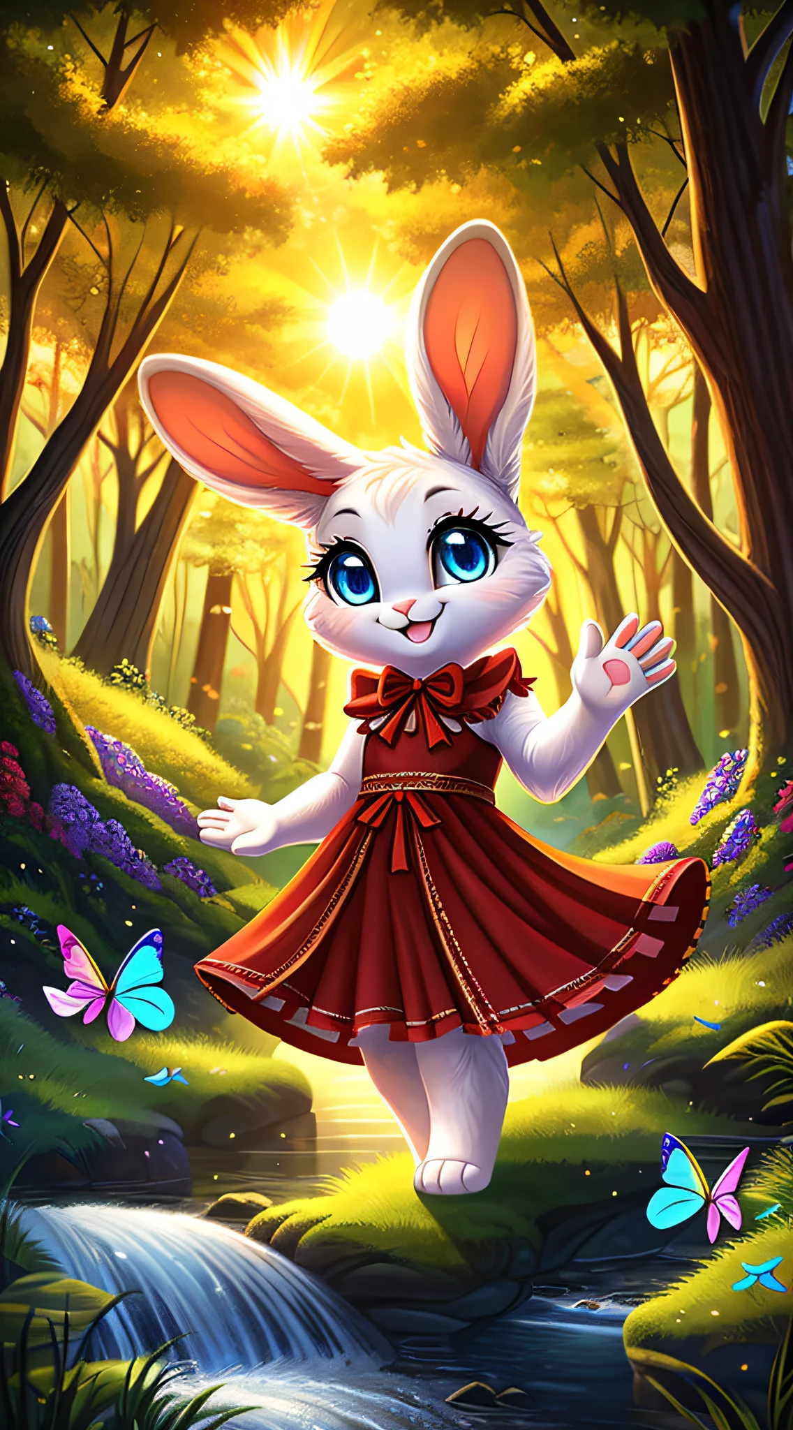 zoomed out image, fantasy style art, cute, adorable, small and tiny little fluffy female white bunny with blue eyes, long eyelashes, wearing a red frilly ribbon dress, waving hello, smiling in a forest, next to a creek, big smile, wide eyes, stunning visuals, sun coming through the trees, colorful butterflies, digital illustration