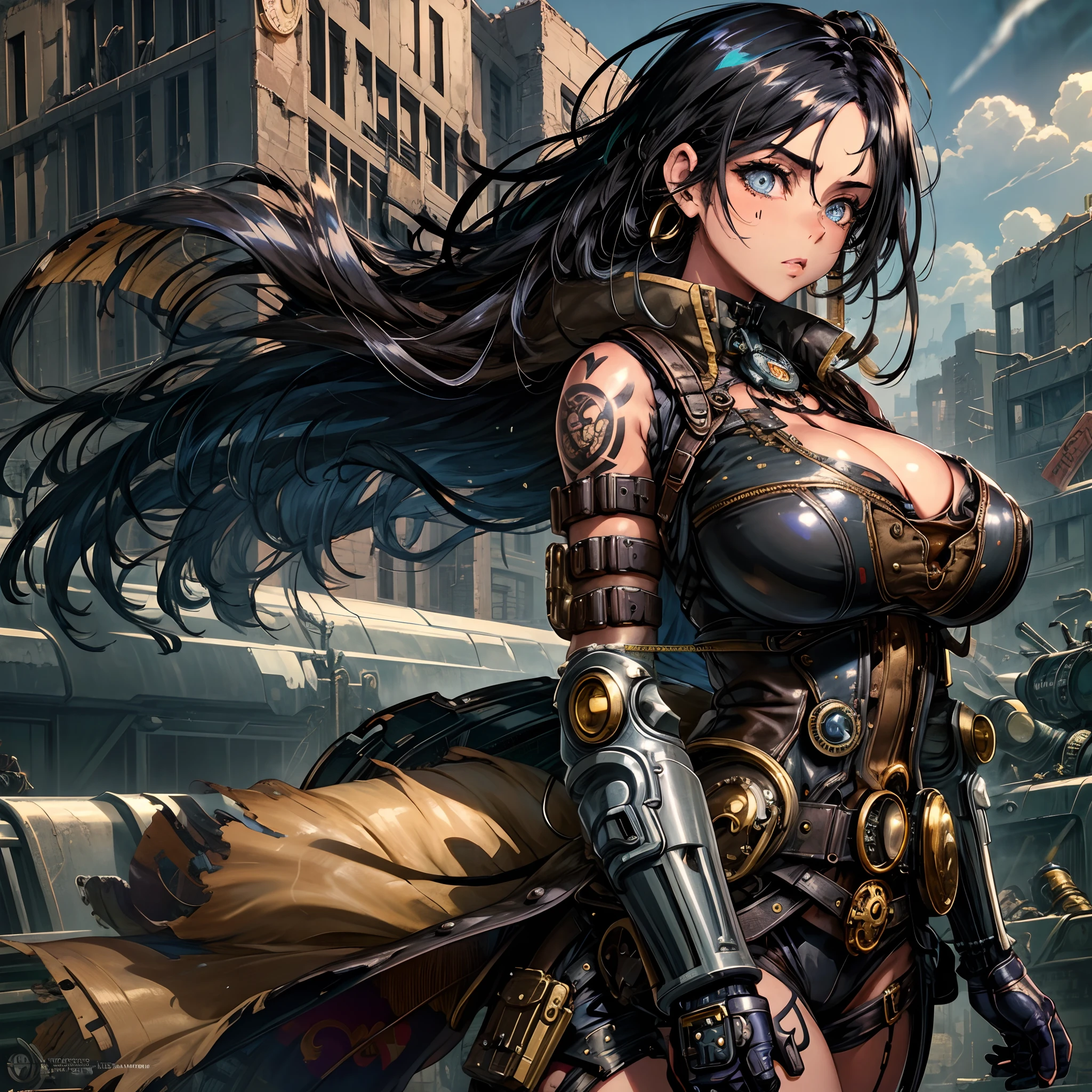 The most beautiful and sexy post apocalyptic steampunk girl, black hair, blue eyes, wearing highly detailed steampunk tactical gear, huge gigantic tits, cleavage showing, tons of tattoos and piercings, metal fragments blowing in the wind, post apocalyptic wasteland, highly detailed background, perfect masterpiece, high quality, high resolution