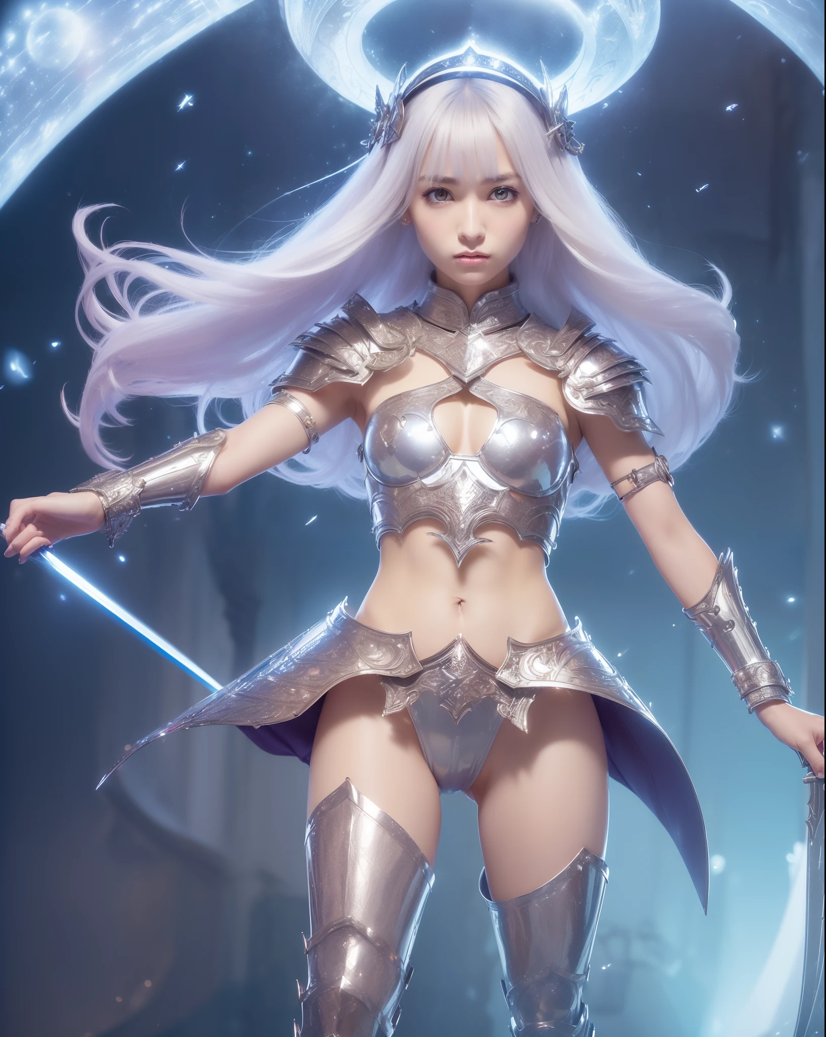 An ultra-high picture quality、(((full body Esbian)))、(((action scene)))、(((combat pose)))、It's a very dark Milky Way、(((colourfull)))、muitoリアルHuman texture、 、((Very cute beautiful Prague slim girl))、((Skin of 17-yeaoldcasiairl with veins showing through))、(((Under the short nose)))、(((no-makeup)))、(((stature:180cm、Head length:20 cm、Leg length:90 cm)))、(((well-muscled)))、Normal shoulder width、(((((Long arms)))))、long subumbilical、((thick and long torso))、Long below the knee、Thin thighs、(((a small face)))、(((small head)))、Natural double eyelids、 (1girl in:1.3), Light persona, Dark Persona, mind control, fractral, ceiling, Artistic background, Geometric, organics, blessings, favor, noble, unfolded, elucidation, antigravity, Antimatter, holy, Sacred, spiritual, Dignified, Luminescent, Holographic, magic cirlcle, photons, scales, Beak,artistic、(((Fanciful))) ,((( brightly colored eyebrows))),(((Ultra high resolution pale silver hair and silky thin shiny eyebrows)))、Super luxury packed with luxury accessories、(((((Very heavy and elaborate armor of very shining reflective iron)))))、(((Extremely elaborate articulated armor)))、(((Very elaborate weapons)))、(((Hair and skin with pores,)))、(((Extremely delicate and brightly colored targets)))、(((Beautiful glowing caucasian woman with bright iris iris eye with ultra high definition pattern)))、I love you,(((Small drooping eyes with a gentle feeling)))、(((very thin eyelashes)))、(((Realistic naked eye)))、High Definition Lip、A Princess、(((Dreams)))、(((Your imagination)))、(Fluffy High Half Twin Tail Hair)、Luxurious Princess Tiara、Luxury Princess Necklace、(((Looking at the camera)))、(((A gaze to look here)))、(((With movement)))、(((valkyrie)))、Navel in a high position、((The sword))、(((magia)))、(((magic circles)))、Innovative configuration、((Time Gate))、Knights、(((Perfectly accurate universe)))、(((Full body armor)))、(((full armor)))、(((Longsword)))、(((fighting spirit)))、(((a navel)))、((Hard Steel Bikini Armor))、(((Dynamis