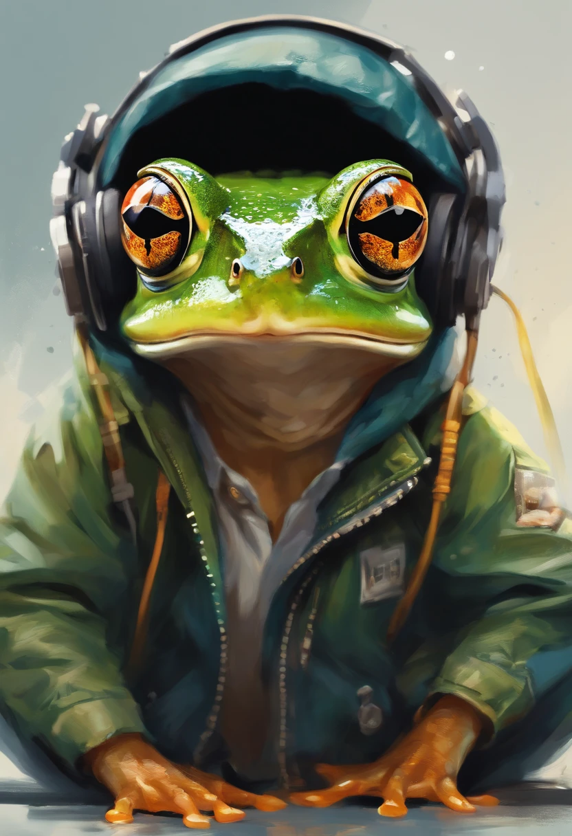 Perfect centering, Cute frog, Wear a student team jacket, Wearing sunglasses, Wearing headphones, cheerfulness, Standing position, Abstract beauty, Centered, Looking at the camera, Facing the camera, nearing perfection, Dynamic, Highly detailed, smooth, Sharp focus, 8K, high definition resolution, illustration, Art by Carne Griffiths and Wadim Kashin, White background
