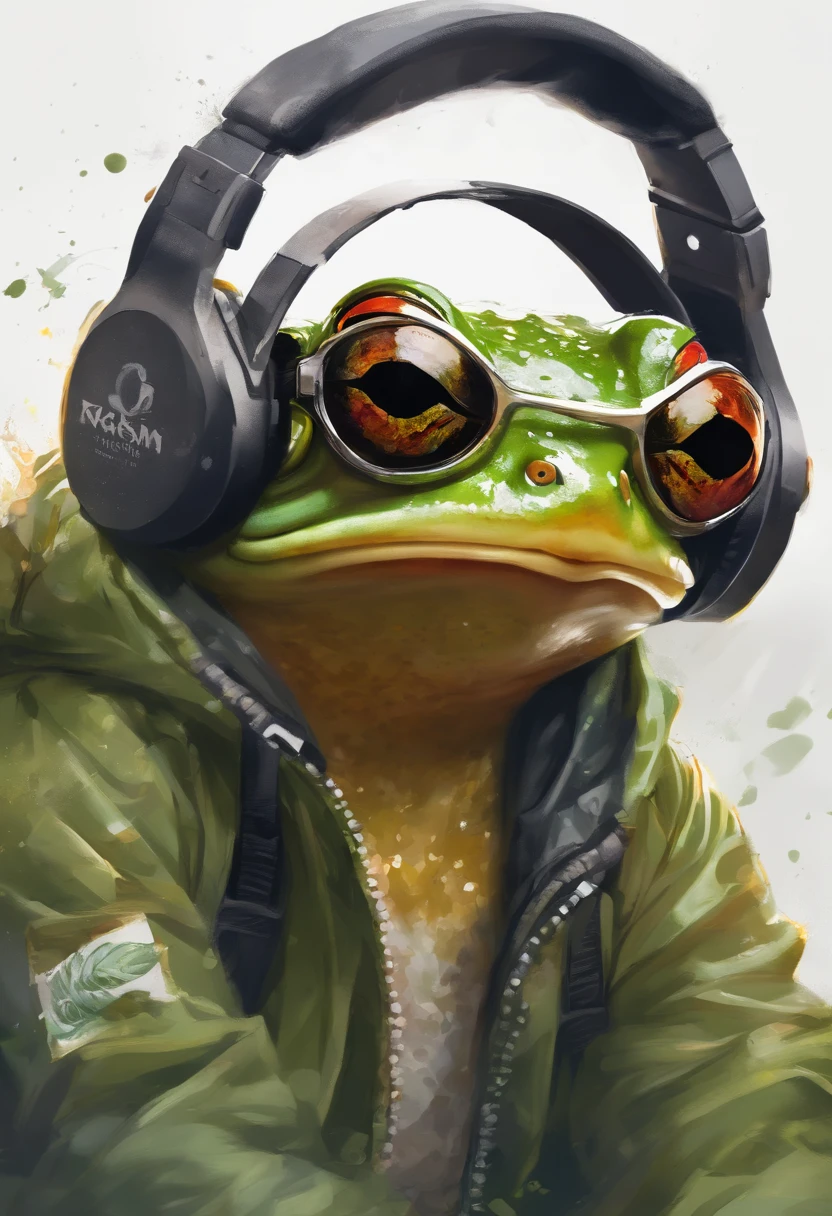 Perfect centering, Cute frog, Wear a student team jacket, Wearing sunglasses, Wearing headphones, cheerfulness, Standing position, Abstract beauty, Centered, Looking at the camera, Facing the camera, nearing perfection, Dynamic, Highly detailed, smooth, Sharp focus, 8K, high definition resolution, illustration, Art by Carne Griffiths and Wadim Kashin, White background