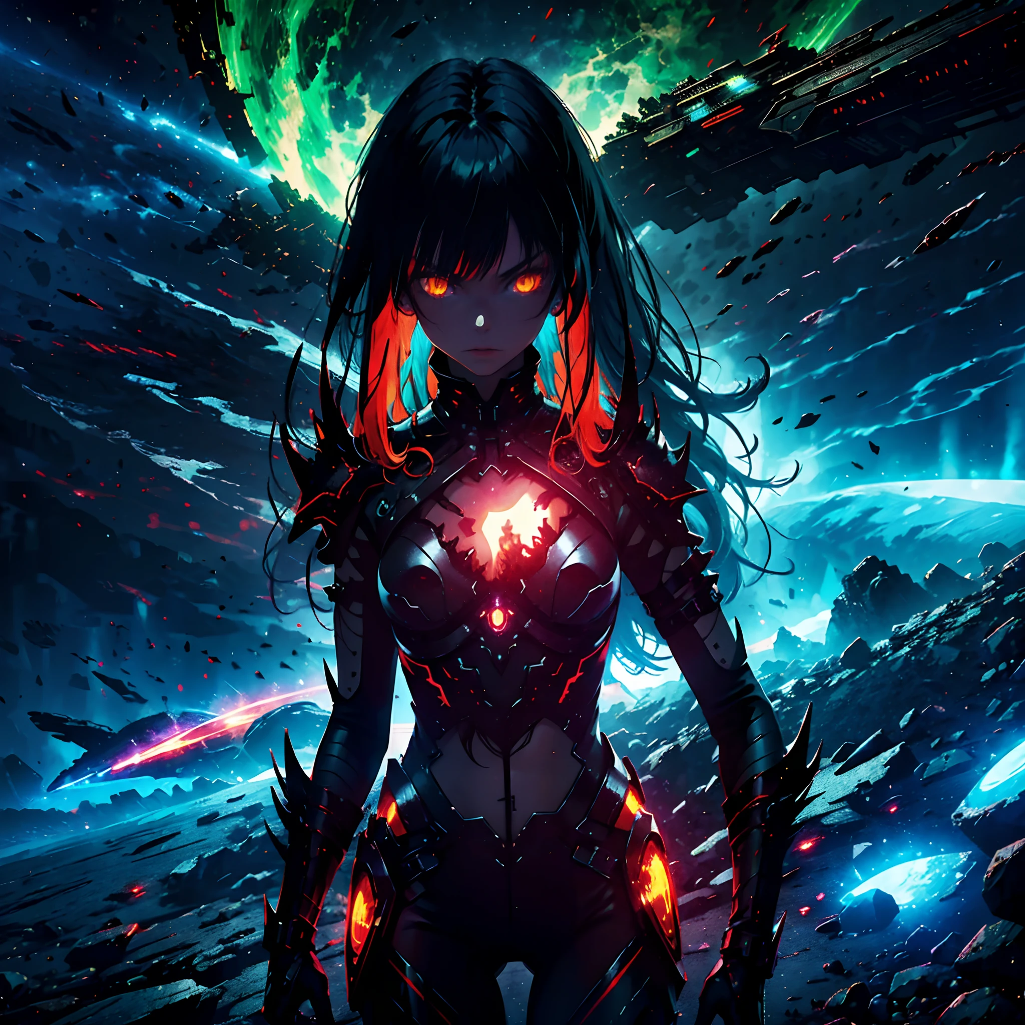 1 girl, solo, ray tracing, apocalyptic landscape, really zoomed out, red and green lightnings, exuding a demonic aura, very long blue hair, red fringes, bangs, wearing demonic white and black light armour, yellow eyes, angered expression, claws