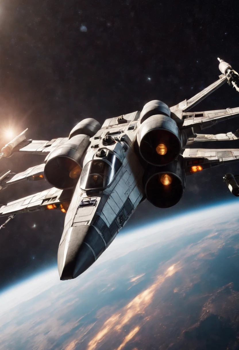 Xwing fighter ship flying through space