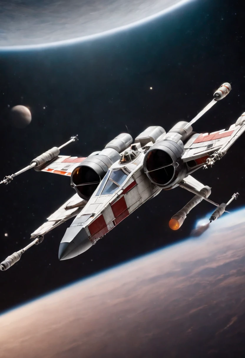 Xwing fighter ship flying through space