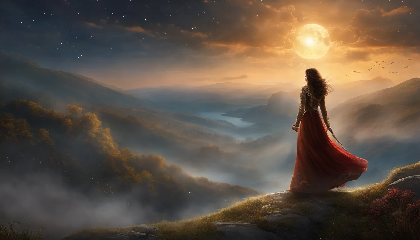 masterpiece of art that transcends excellence, with an ultra-sophisticated level of detail. This illustration, portraying a lonely girl immersed in a fantasy world, it's truly stunning. Em seu voo gracioso, She rides a magical broom against the backdrop of the night sky., immersed in the magic of spells. A lua brilha intensamente, while stars dot the horizon and clouds dance to the rhythm of the wind. Her flowing hair is a sight to behold., assim como sua capa, Hat and boots, complementando perfeitamente o visual. The broom in his hands glows with a mysterious charm, adding an aura of fascination and playfulness to the scene. Ela personifica aventureira, bringing with it a sense of freedom, Wonder and imagination. His determination and skill are evident in his posture and agile movement, irradiando energia e rapidez. The realistic and naturalistic artistic approach of this illustration perfectly captures the figurative and representational elements. The beauty of this fantasy world is enhanced by its rich culture, mitologia e contos de fadas, envolvendo bruxas, Wizards and magical creatures. These fantastic elements merge harmoniously, transporting us to imaginary worlds of wonder. The composition of this work is carefully planned, com uma escala que enaltece a protagonista. O primeiro plano, middle ground and background are expertly crafted to create an engaging perspective. A luz, color and texture are meticulously applied, aprimorando cada detalhe para destacar a beleza e a maravilha da cena. This illustration is a true celebration of imagination and creativity, onde a beleza e o encanto ganham vida.