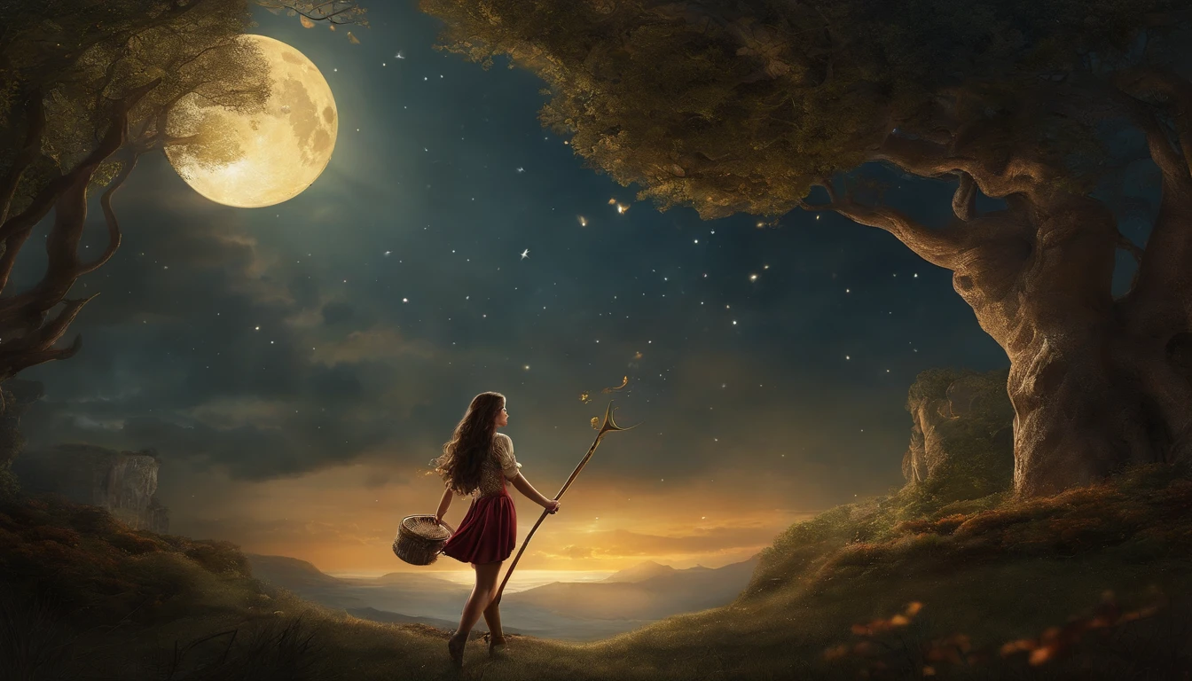 masterpiece of art that transcends excellence, with an ultra-sophisticated level of detail. This illustration, portraying a lonely girl immersed in a fantasy world, it's truly stunning. Em seu voo gracioso, She rides a magical broom against the backdrop of the night sky., immersed in the magic of spells. A lua brilha intensamente, while stars dot the horizon and clouds dance to the rhythm of the wind. Her flowing hair is a sight to behold., assim como sua capa, Hat and boots, complementando perfeitamente o visual. The broom in his hands glows with a mysterious charm, adding an aura of fascination and playfulness to the scene. Ela personifica aventureira, bringing with it a sense of freedom, Wonder and imagination. His determination and skill are evident in his posture and agile movement, irradiando energia e rapidez. The realistic and naturalistic artistic approach of this illustration perfectly captures the figurative and representational elements. The beauty of this fantasy world is enhanced by its rich culture, mitologia e contos de fadas, envolvendo bruxas, Wizards and magical creatures. These fantastic elements merge harmoniously, transporting us to imaginary worlds of wonder. The composition of this work is carefully planned, com uma escala que enaltece a protagonista. O primeiro plano, middle ground and background are expertly crafted to create an engaging perspective. A luz, color and texture are meticulously applied, aprimorando cada detalhe para destacar a beleza e a maravilha da cena. This illustration is a true celebration of imagination and creativity, onde a beleza e o encanto ganham vida.