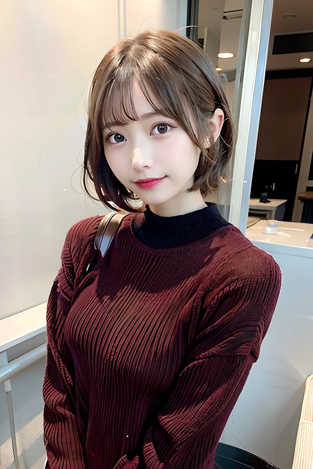 女の子1人,knit,Vertical sweater,A sexy,Shorthair,Brown hair,bustup,Upper body only,Have sex appeal,Hair smooth,Big,Erotic