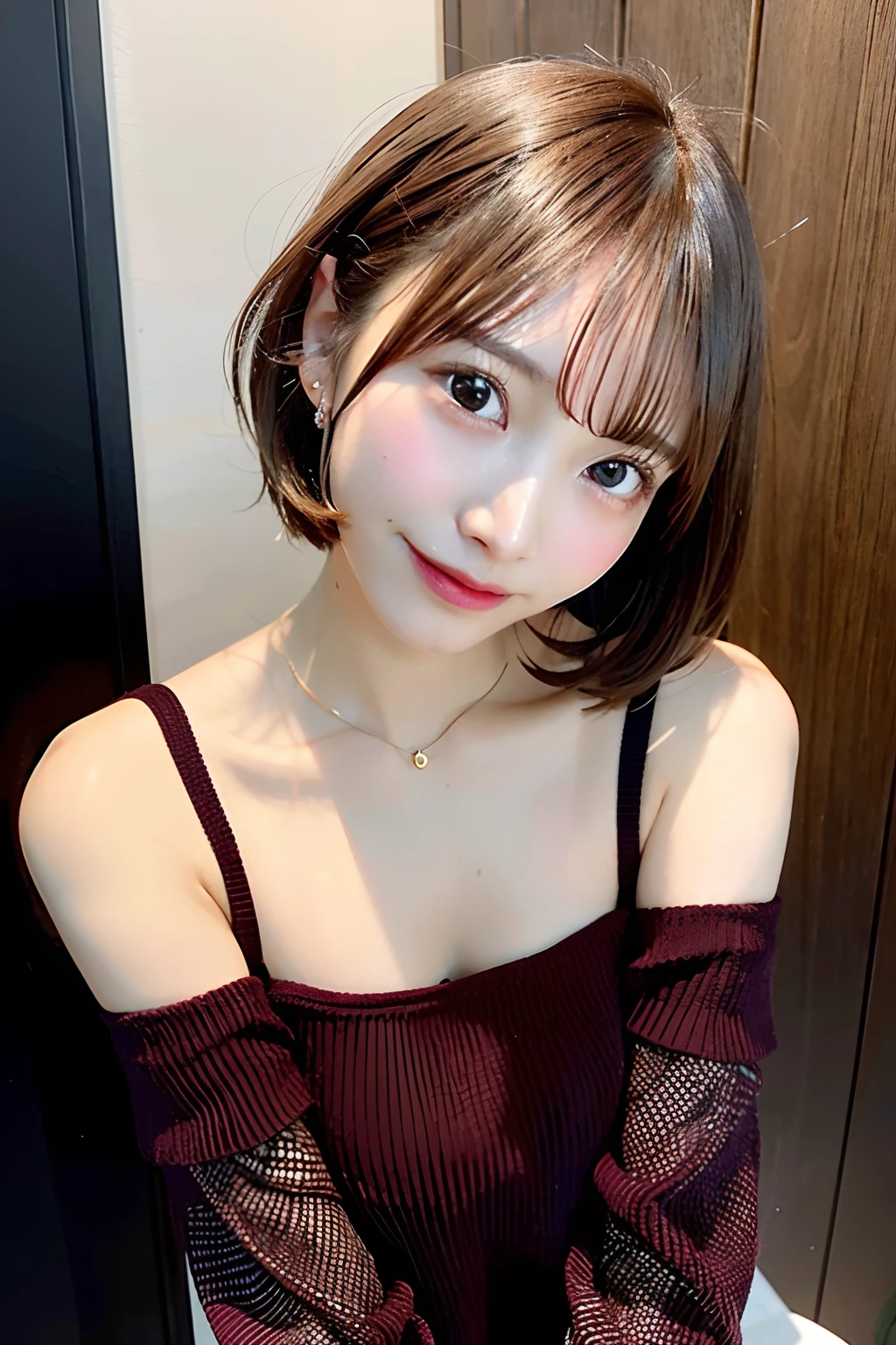 Highest quality、(beautiful)、Precision Eyes、Fine skin、Brown eyes、22-year-old female、Brown Hair、looking at the camera、Gal、Semi-short hair、Long sleeve cardigan、Selfie、Precision Hands、camisole、Open your mouth、Off the shoulder
