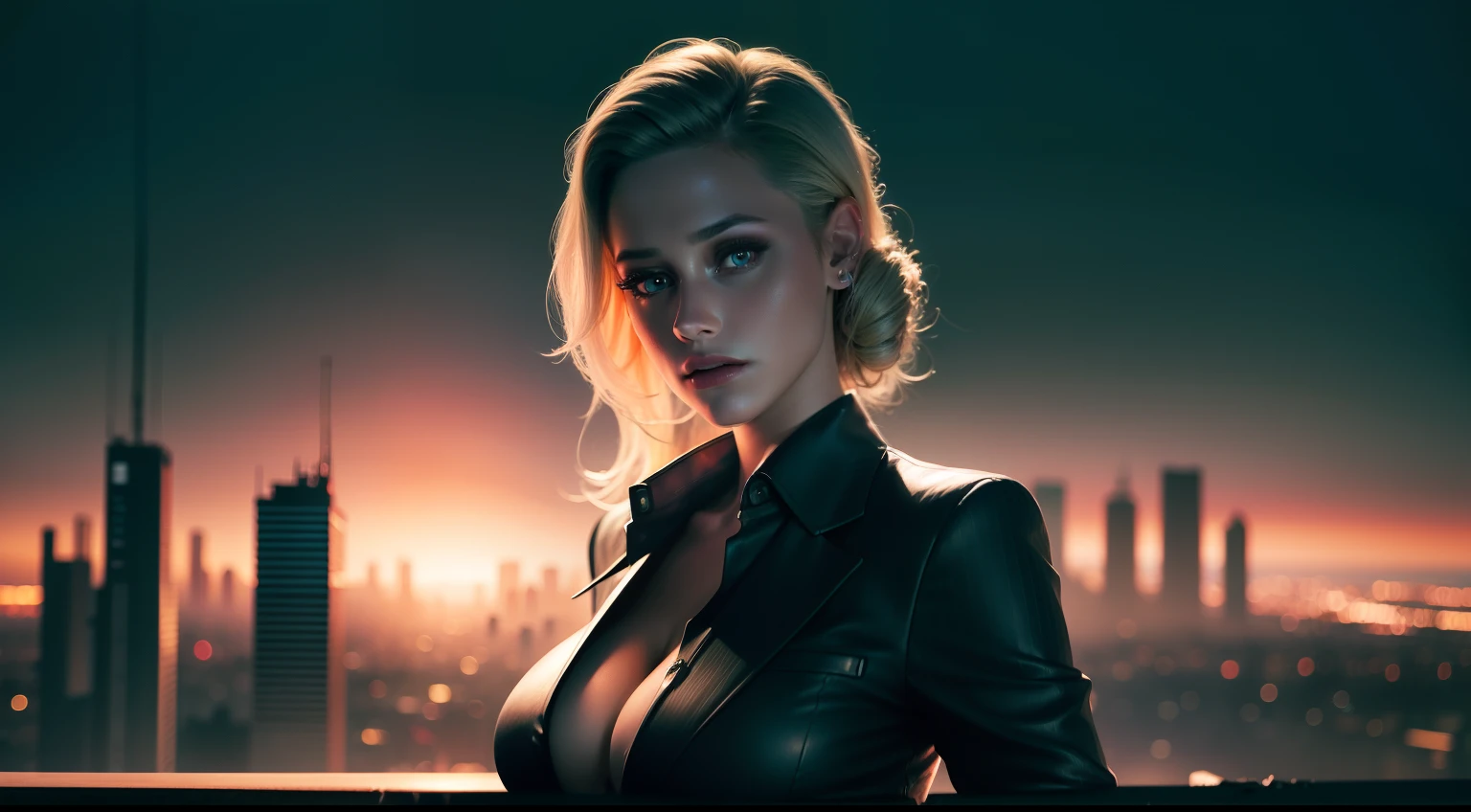 Lili Reinhart, 16K, HDR, RTX, raytracing, natural lighting, absurdres, best qaulity masterpiece, perfect anatomy highly detailed face, detailed eyes, 1girl, solo, wearing a business suit, shirt, top button open, beautiful hair, extreme beautiful, edgy, cool, evil aura, windy, glowing eyes, serious expressions, dystopian city, futuristic, detailed background, award winning, neon lights, trending on art station