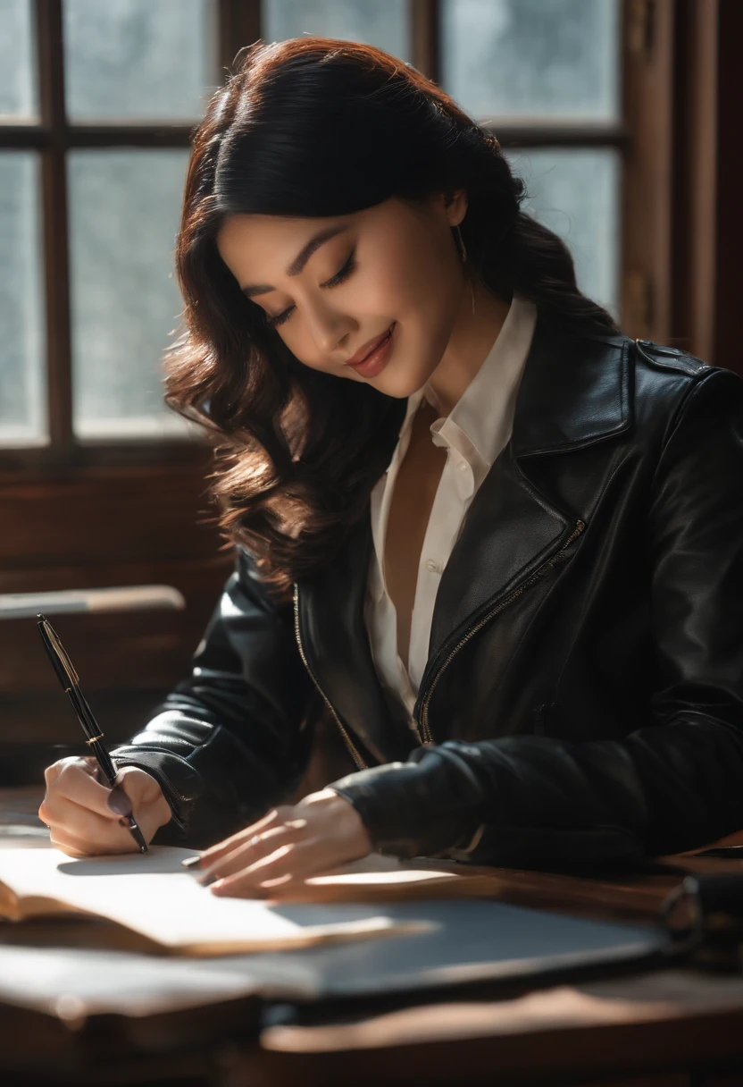Black leather gloves in both hands, upper body, black leather rider jacket, facing the desk in the study, looking down and smiling, writing a letter using a fountain pen, black hair, long straight, young Japanese woman