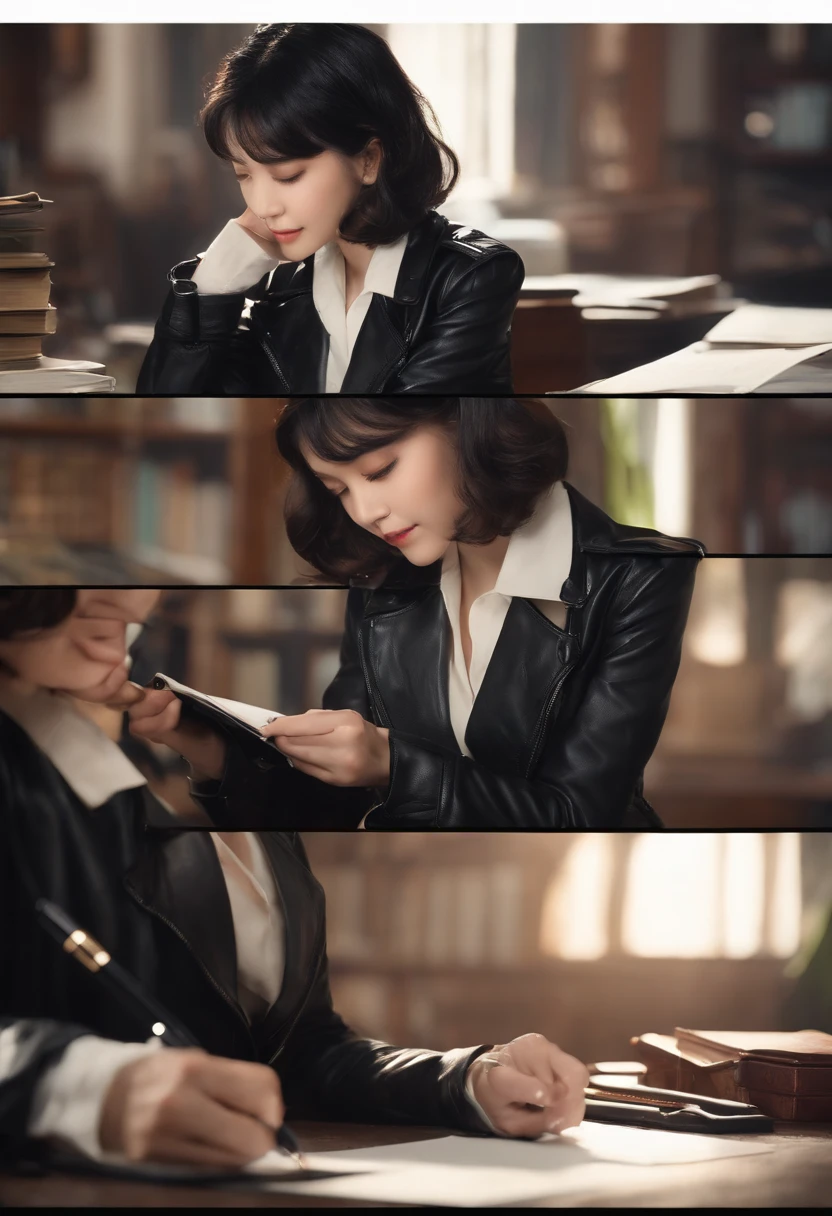 Black leather gloves in both hands, upper body, black leather rider jacket, facing the desk in the study, looking down and smiling, writing a letter using a fountain pen, black hair, long straight, young Japanese woman