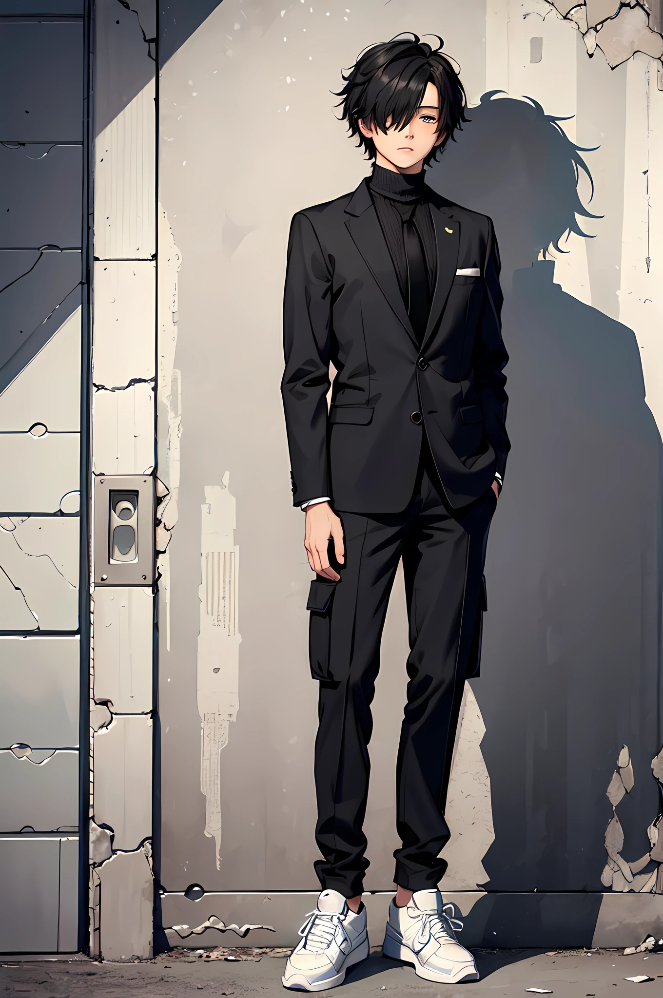 best quality,masterpiece,original,extremely detailed wallpaper,looking at viewer,1boy,solo,male,male focus,black hair,messy hair,spiky hair,no eyes,bangs over eyes,white shirt,black necktie,turtleneck,cargo pants,sneakers,black bandaged_arm,standing,black blazer,
