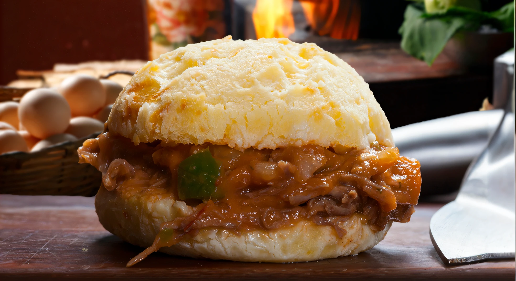 There is a sandwich with meat and cheese on a table, pulled pork sandwich, desleixado, trending ,, Alabama, Inchado, smoky, quente, Foto de perfil, receita, effortless, ƒ/5.0, 4 0 9 6, super high resolution, fotos de alta qualidade, delicioso, 2045, sobra de torta de carne, hot, fotografia profissional de alimentos, suave - quente