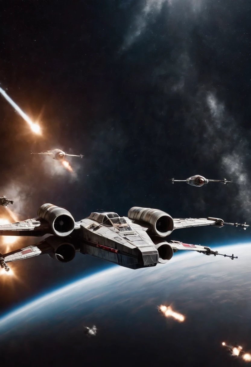 Xwing fighter crossed with death star ship flying through space