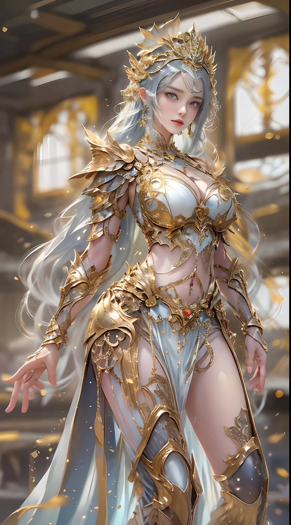 Woman in golden transparent armor,view the viewer,(((Huge breasts, Large cleavage))),Slim waist,(navel baring,Bare waist), Long hair, Ultra-detailed details,High-end Zhenyi station, Rainstorm site, detailed fantasy art, Stunning character art, Beautiful and exquisite character art, Beautiful gold and silver armor, Extremely detailed, Girl in shiny armor, Exquisite tiaras and jewelry,Crystal jewelry filigree, milky ways, Stunning visuals, (dynamic streaks, light tracks:1.2), Vibrant colors,