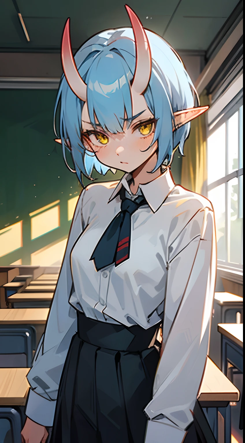 1oni girl,20s,solo,serious face,white shirt,black skirt,light blue hair, short hair,mature female,yellow eyes,elves ears,oni horns,classroom