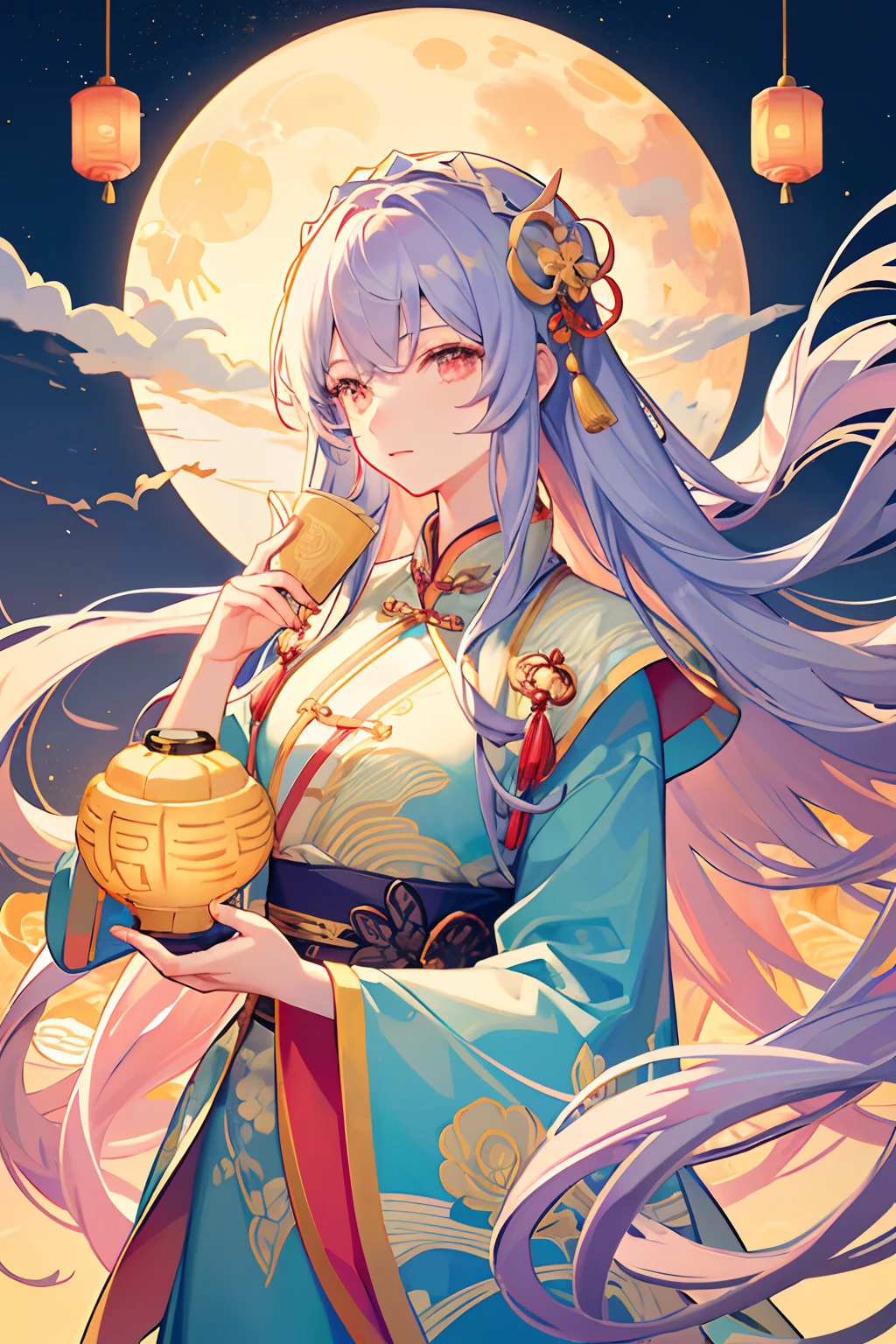 high qulity,A high resolution,Ultra-high image quality,Normal hands,A detailed face,Delicate fingers,Mid-Autumn Festival,Family of three,1 man,A woman who is,one-girl,Chinese hair accessories,Gorgeous Hanfu,holding a lantern,The table was filled with mooncakes,The full moon hangs in the sky