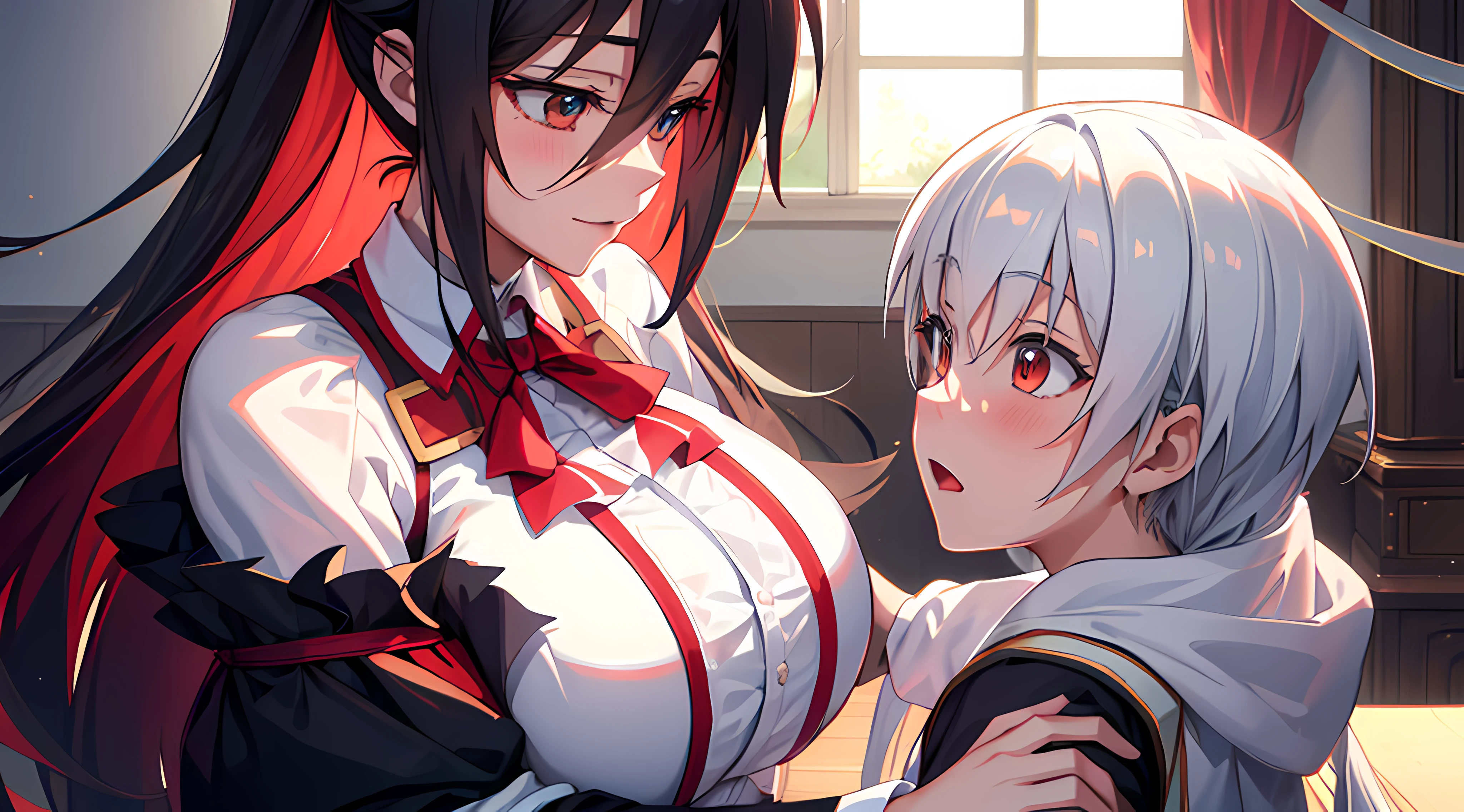 score_9, score_8_superior, score_7_superior, sauce_anime, evaluation_Safety, BREAK hakase fuyuki, One girl, Virtual YouTuber, Red eyes, Gray Hair, Long hair short hair, Low twin tails, Side Lock, Hair Clip, Neck ribbon, Red ribbon, Black sweater, Collared shirt, Open jacket, White jacket, flower, Tea belt, Long sleeve, Sleeves are longer than the wrist, White gloves, Pleated skirt, Black Skirt,  Black Pantyhose, Lying in bed，Dutch Angle, Particles of light, light, Research Room, window, window shade，masterpiece, Highest quality, High resolution，Titty fuck，Hakase Fuyuki，Virtual YouTuber，vtuber，nsfw，bare breasts，penis，paizuri，breast squeeze，Hakase Fuyuyuki，1boy，男性がsuperior，Horse riding，From the head，Sleep，lies down on bed，male on top，from head side，Woman lying on her back，lies down on bed，Horse ridingTitty fuck，sleepy，gigantic breasts，Huge breasts，Close your eyes