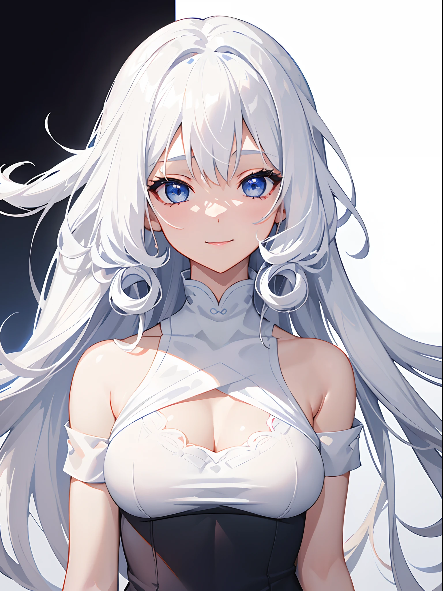 1girl in、White hair、Blue eyes、wall-paper、Super long hair、Curly hair、white backgrounid、symmetry、facing front、Upper body close-up、Close UAMENTED、爆乳、big areolae、((white t-shirts、Black Camisole One Piece))、a smile、