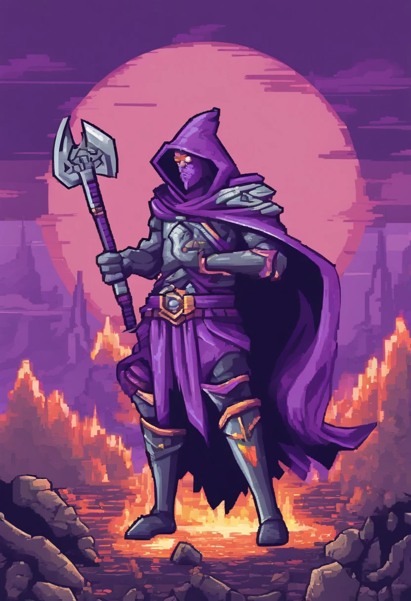Pixelated image of a wizard in purple clothing and gray hood wearing a burning staff and a warrior in purple clothing and a cap
Gray ETE holding a golden axe fighting a warrior orc on a ruined plain