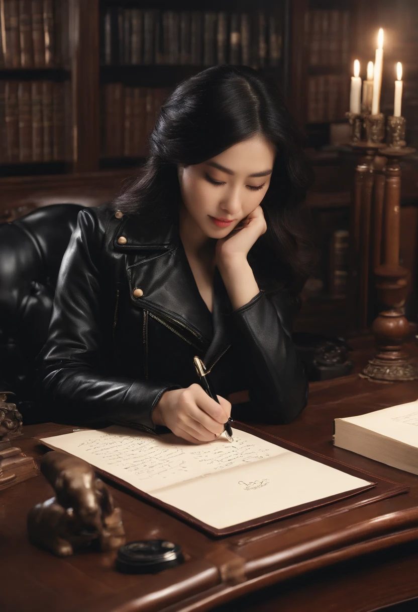 Wearing black leather gloves in both hands, upper body, black leather rider jacket, facing the desk in the study, looking down and smiling, writing a letter using a fountain pen, black hair, long straight, young Japanese woman