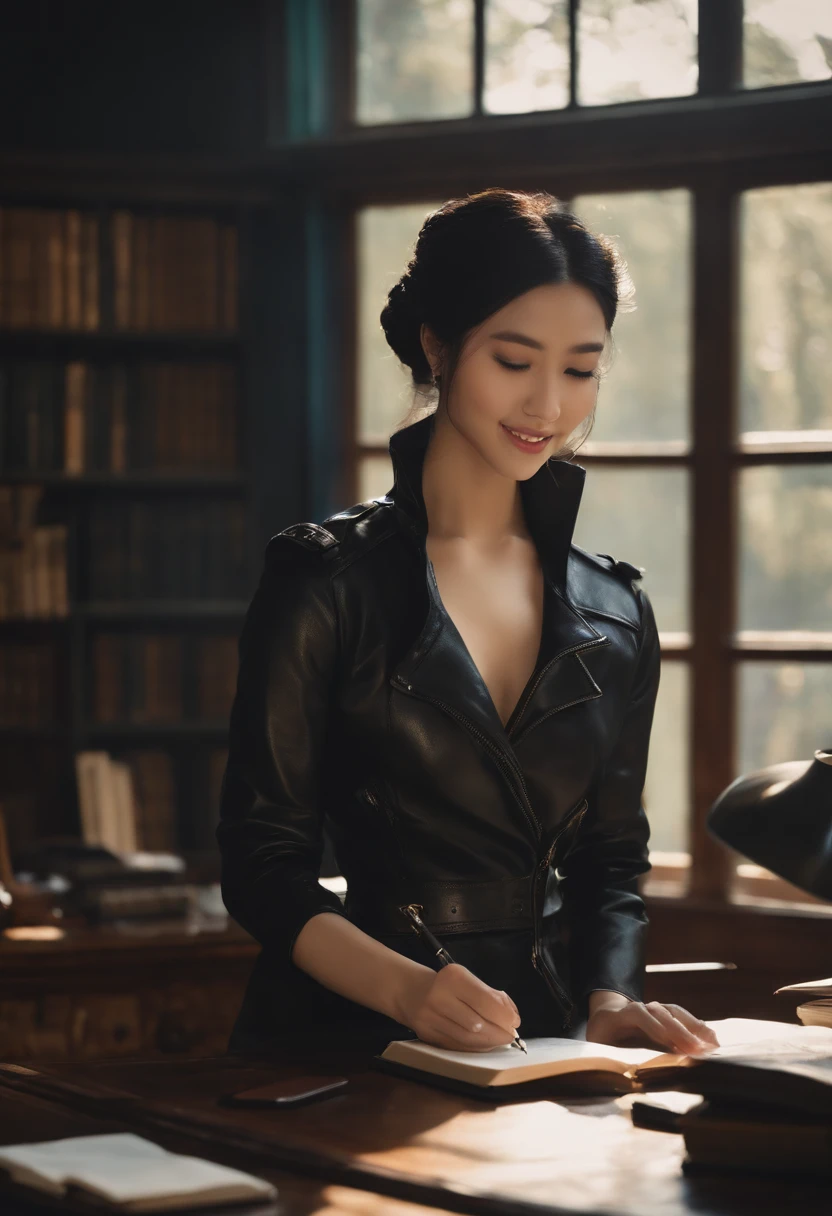 Wearing black leather gloves in both hands, upper body, black leather rider jacket, facing the desk in the study, looking down and smiling, writing a letter using a fountain pen, black hair, long straight, young Japanese woman